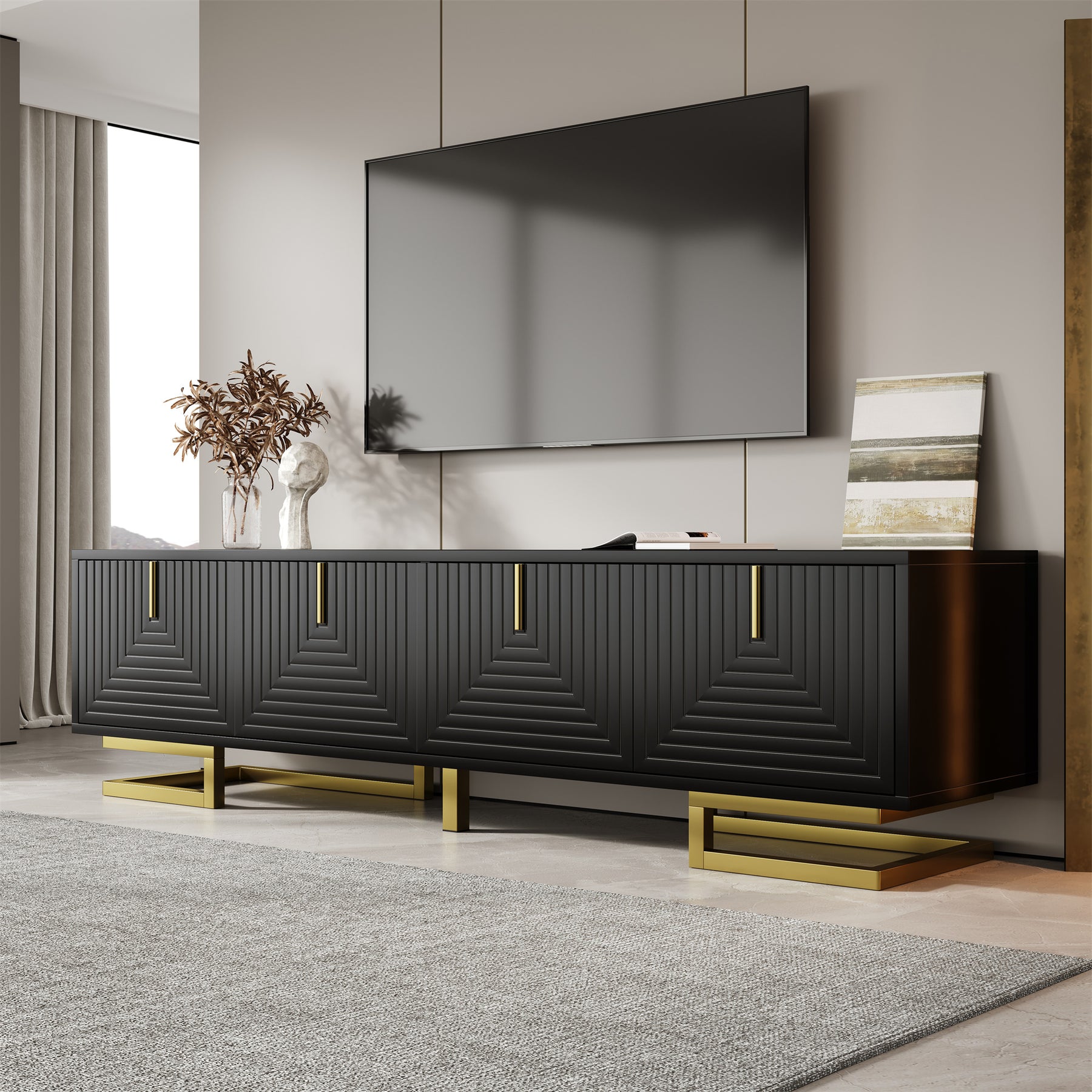 TV Cabinet, Textured Doors with Golden Handles and Legs