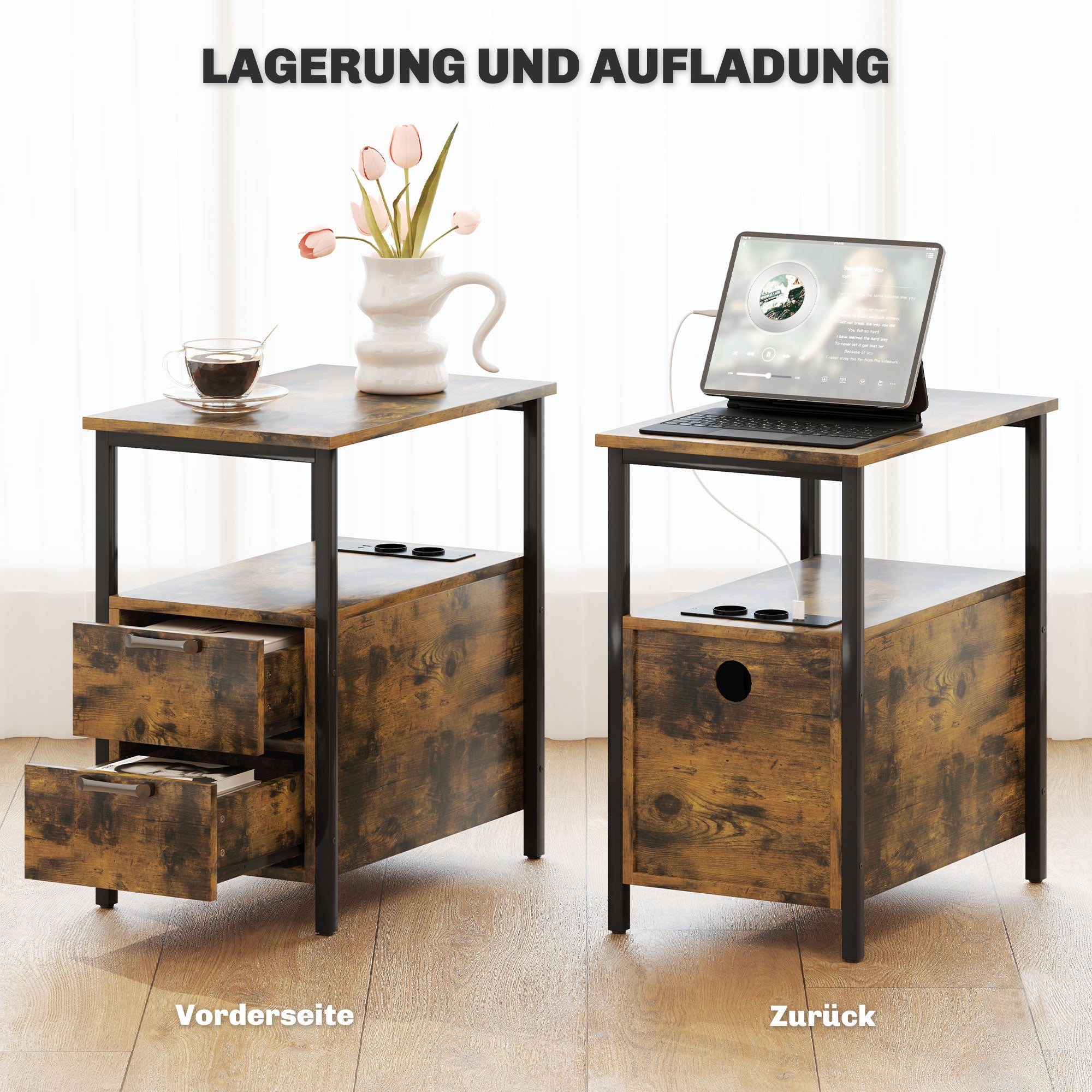 Side Table Coffee Table with Charging Station, 2 Drawers, Rustic Brown