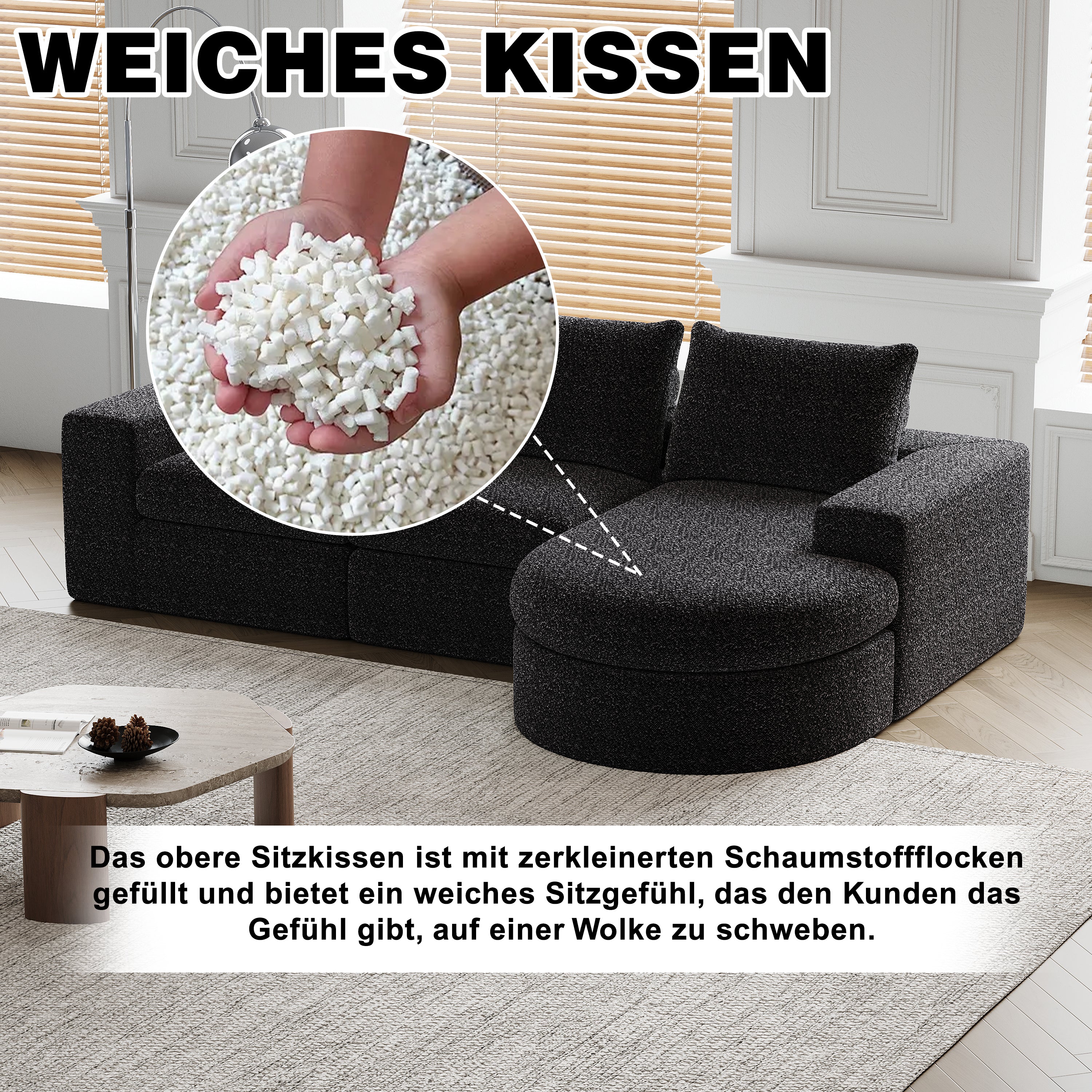 Chenille Sofa - Curved Elements, L-Lounger, Two-Piece Set