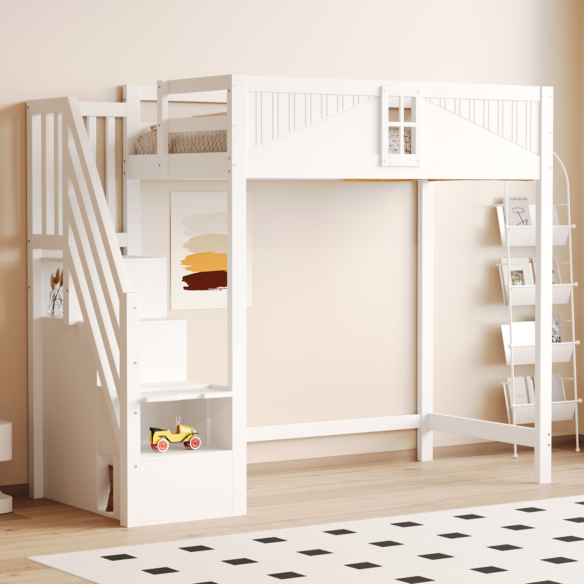 Loft Bed, Multifunctional with Safety Door & Storage, Solid Wood White