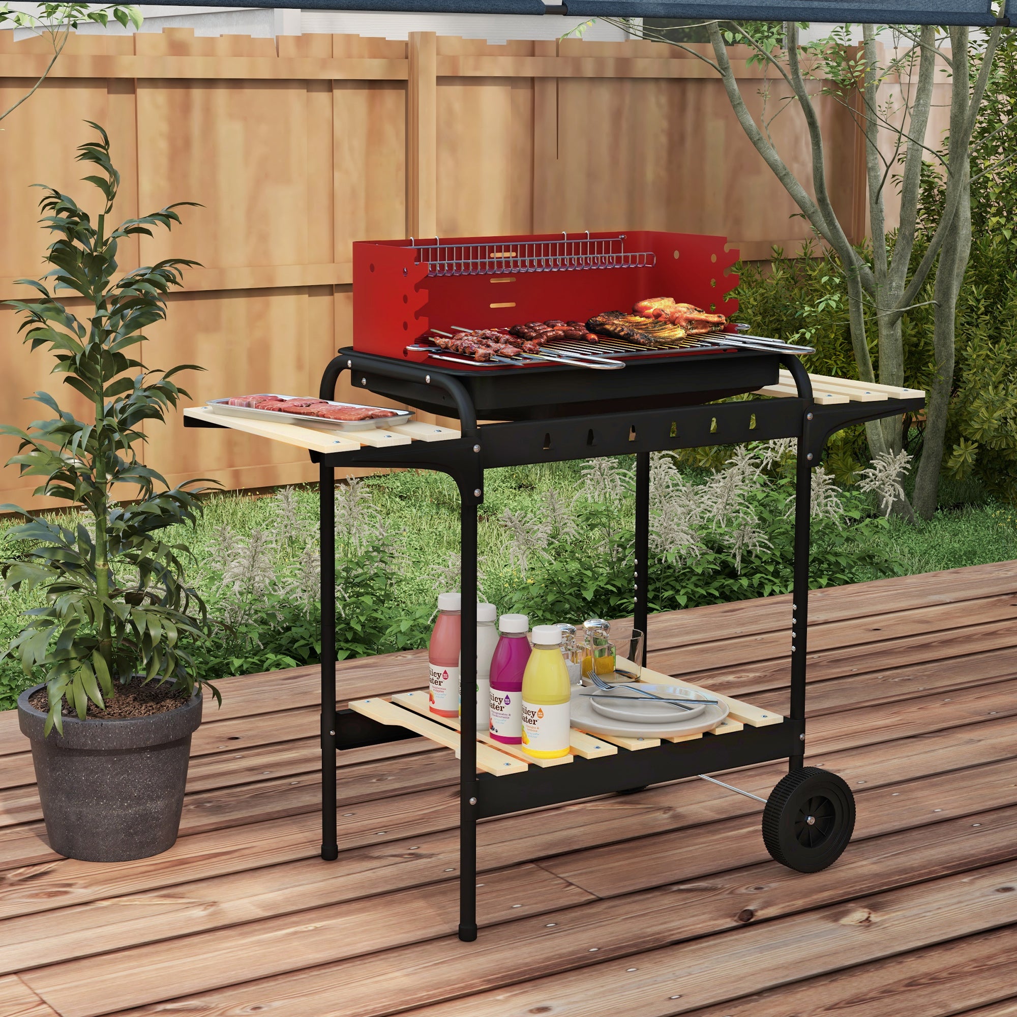 Metal Charcoal Grill BBQ Smoker Mobile with Wheels Adjustable Grate Wood Shelf