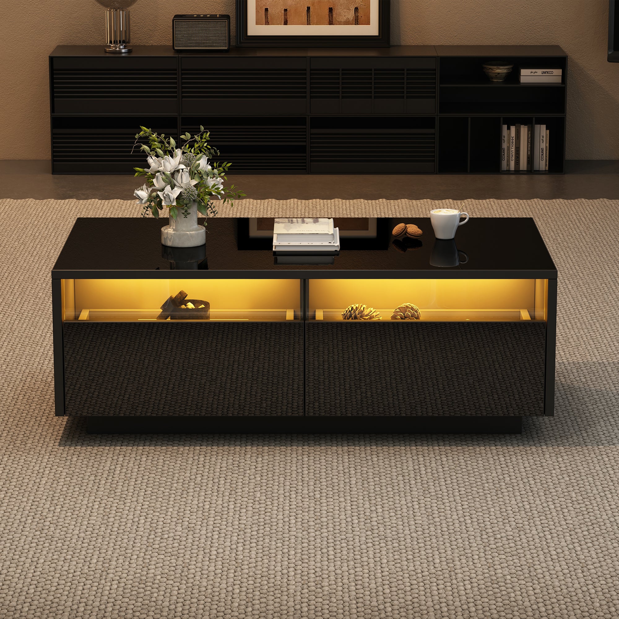 LED Coffee Table with 2 Drawers and Tempered Glass Door, Black High-Gloss