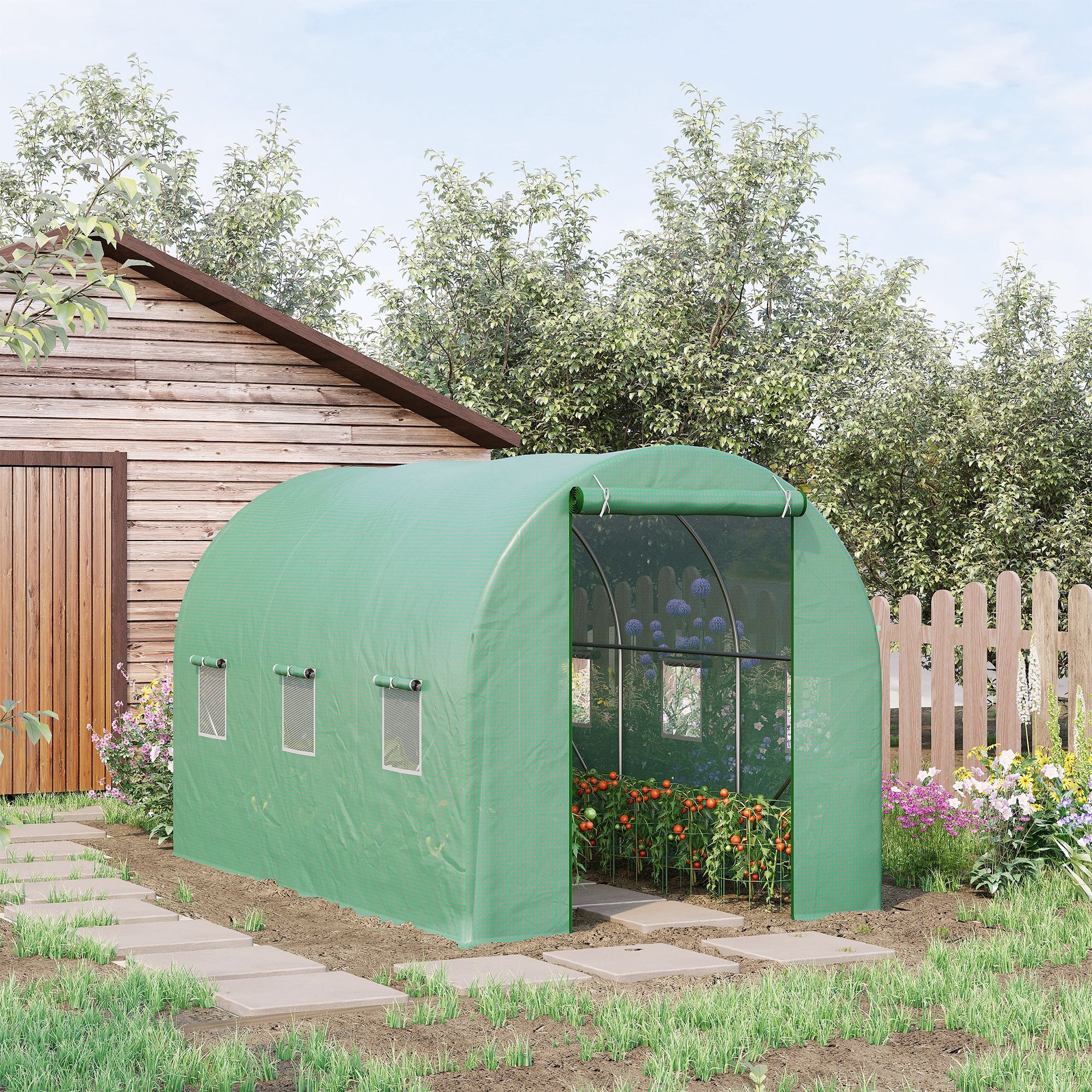 Walk-In Polytunnel Greenhouse, 3.5 x 2m Steel Frame, PE Cover, Roll-Up Door and 6 Windows, Green
