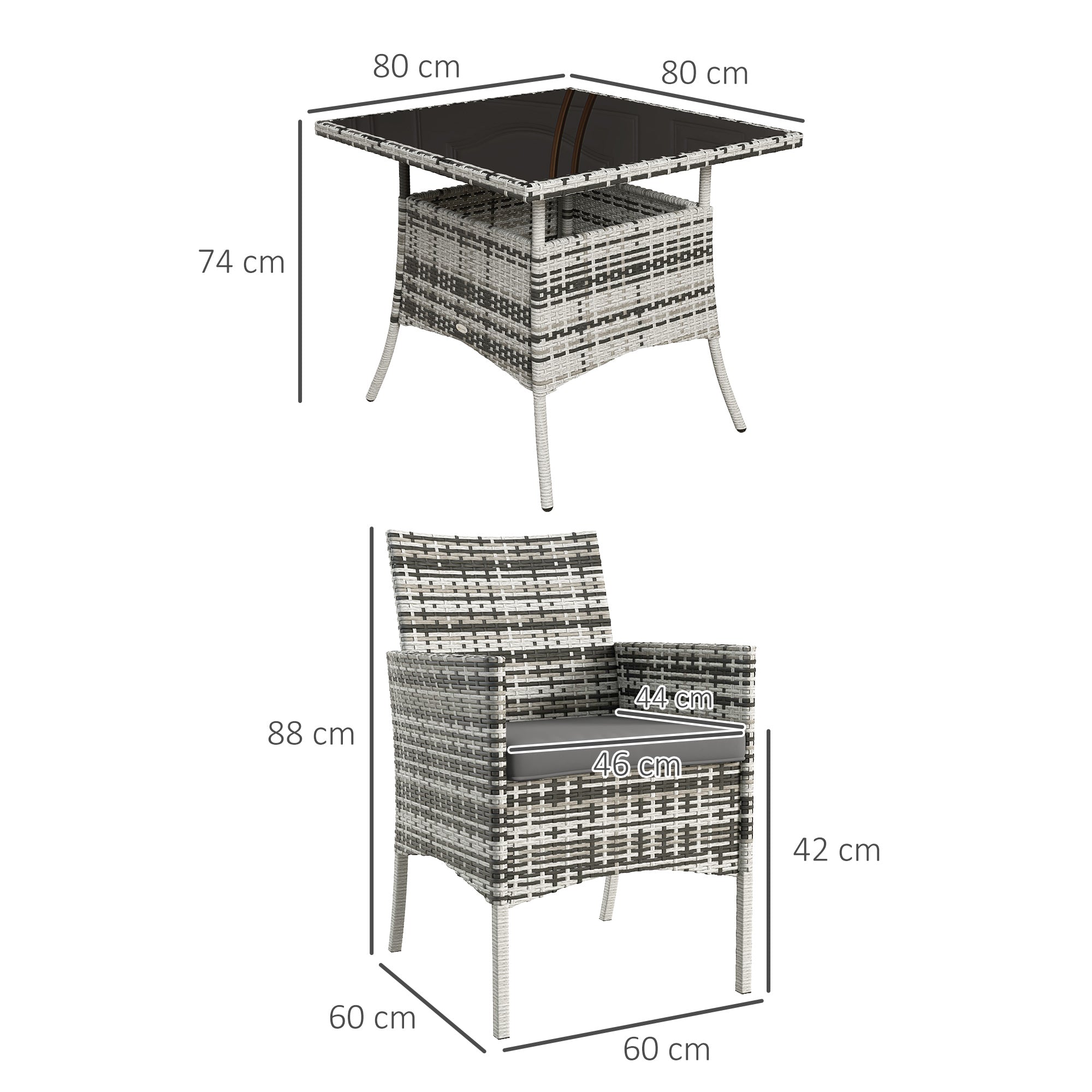 Five-Pieces Dining Set 4 Armchairs Tempered Glass Table Rattan Mixed Grey