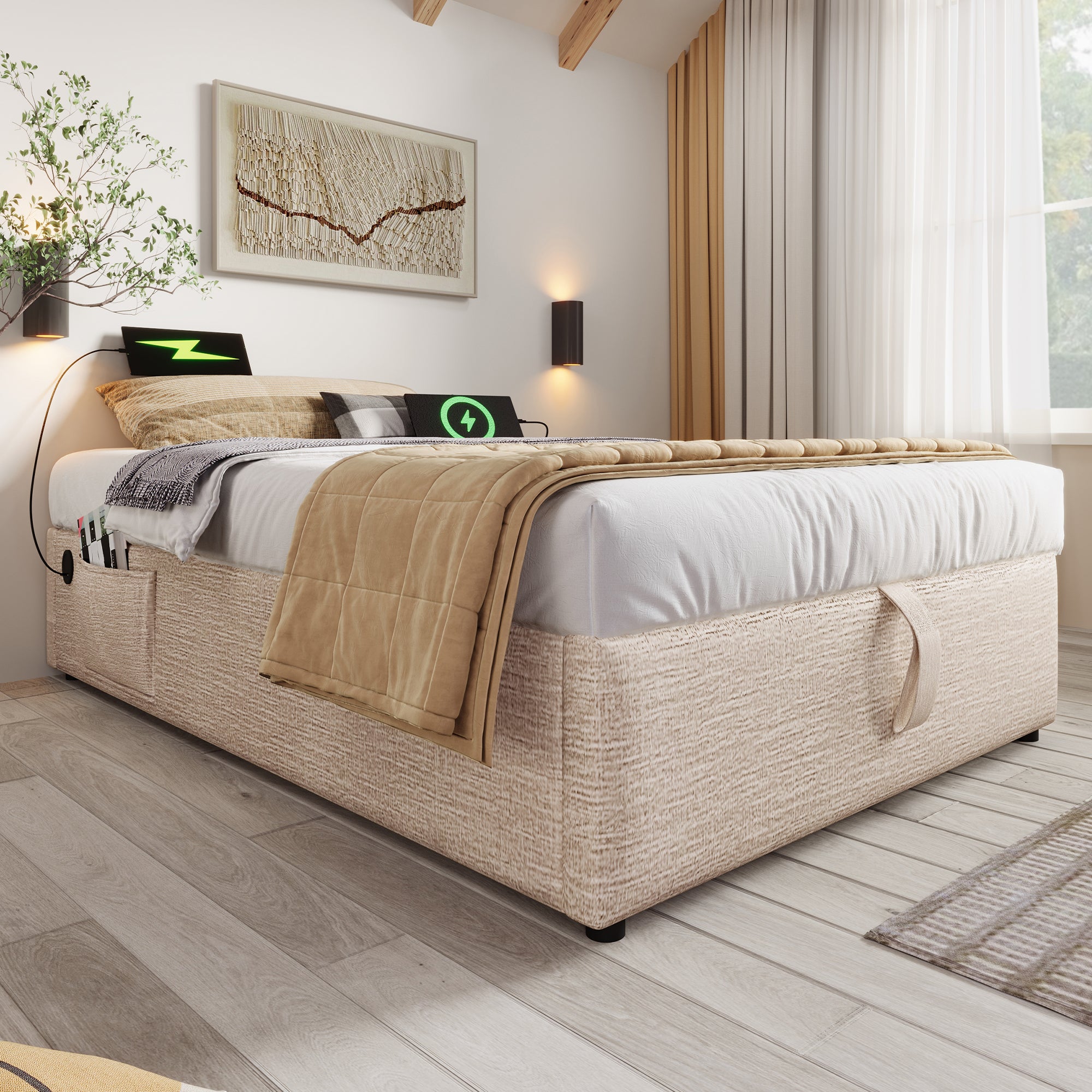 Children's Upholstered Bed, 90x190 cm with Bookcase, Hydraulic Storage & USB-C, Single, Linen