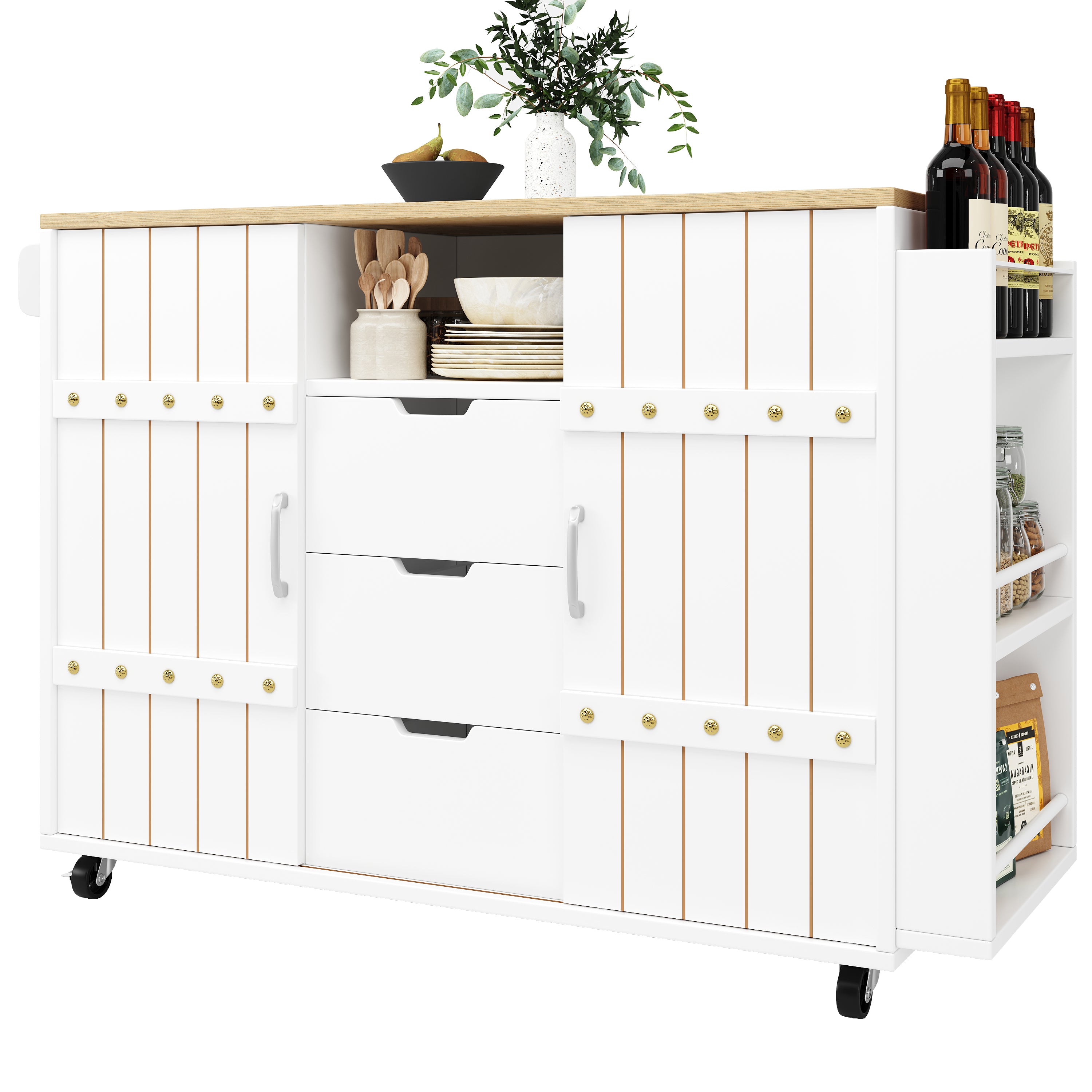 Kitchen Island Serving Cart with Wheels, Worktop, Sliding Doors & Drawers - White