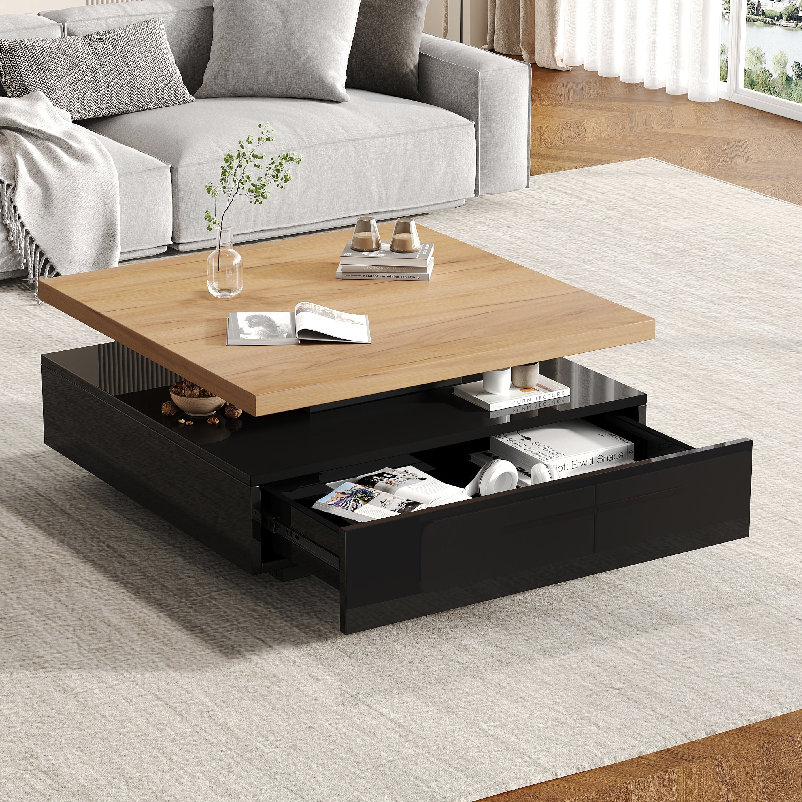 Coffee Table Multifunctional 360° Swivel 2-Tier Storage - Natural/Black Chipboard