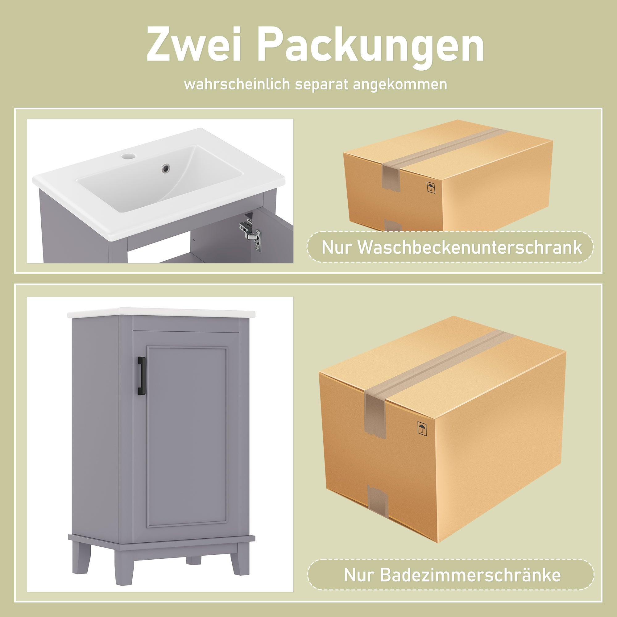 Bathroom Vanity Unit with Ceramic Sink and Adjustable Shelves, Grey