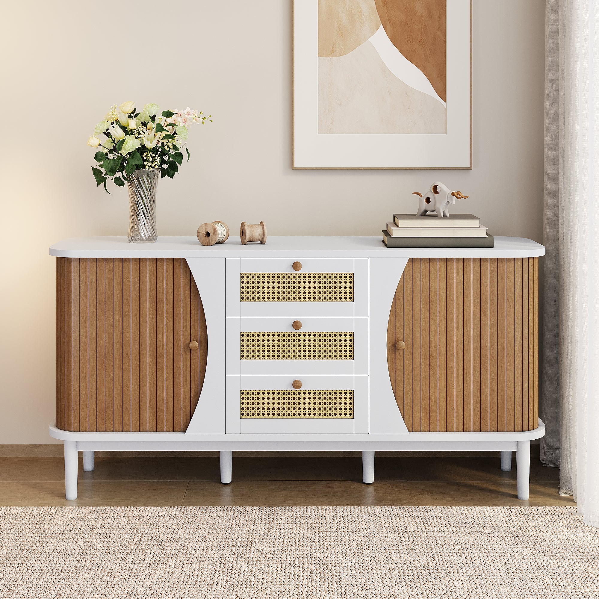 Sideboard, Rattan Sliding Door Chest, Adjustable Shelves, White and Wood