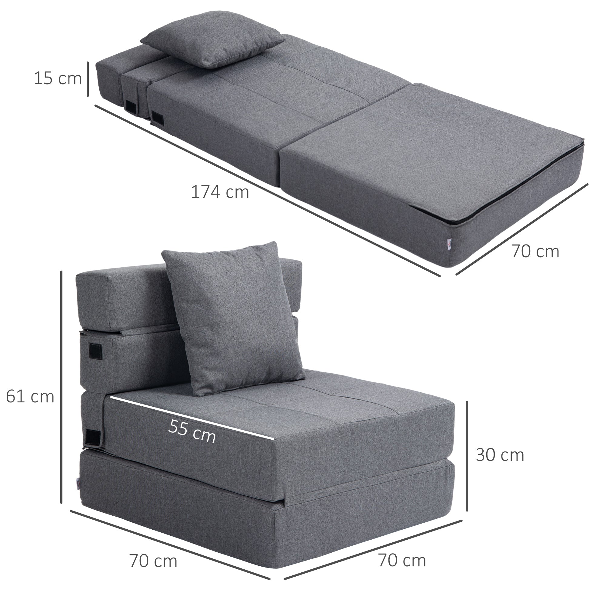 2-in-1 Sleeper Chair, Foldable Sofa Bed/Recliner, 100kg Capacity, Dark Grey
