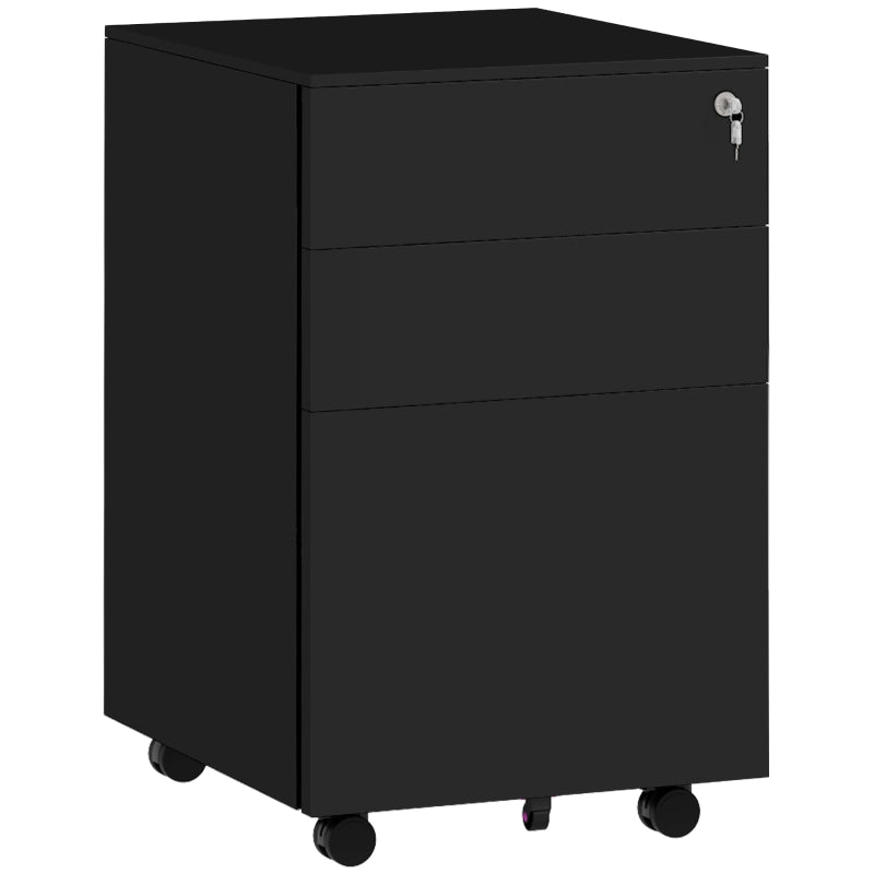 3-Drawer Vertical Filing Cabinet, Mobile with Lock and Wheels, Steel, Black