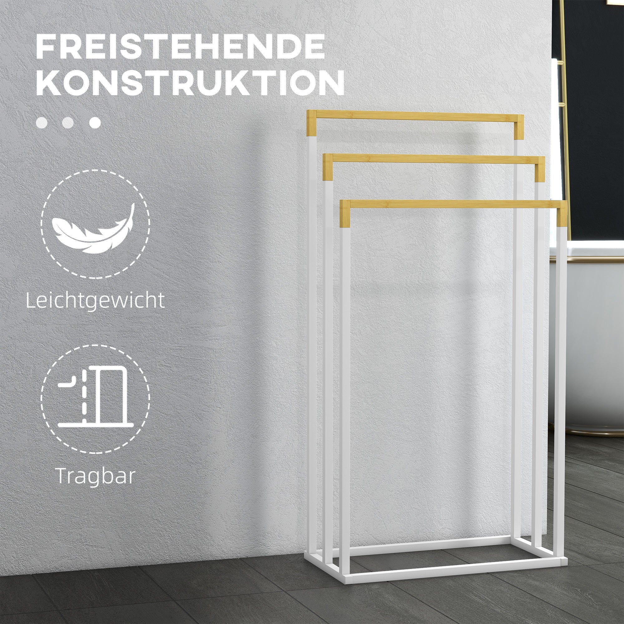 Freestanding Towel Rack, 3 Bars Bathroom Towel Holder, Steel and Bamboo, White