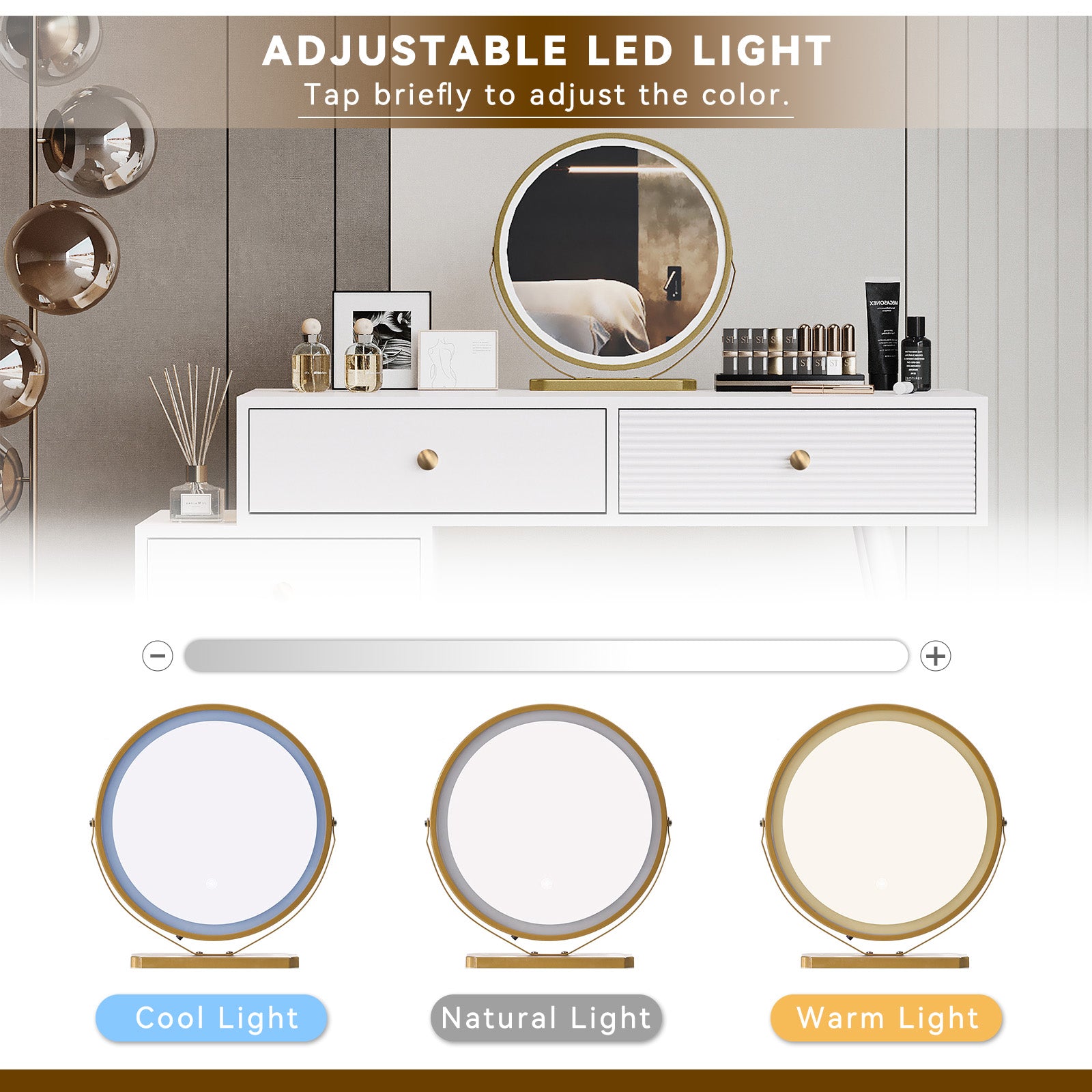 Vanity Table Set with LED Mirror, Adjustable Cabinet, Pull-Out Design, White MDF