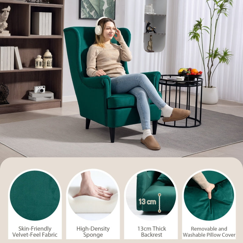 Modern Accent Chair, High Back Wingback Armchair with Pillow, Dark Green Velvet-Feel Fabric