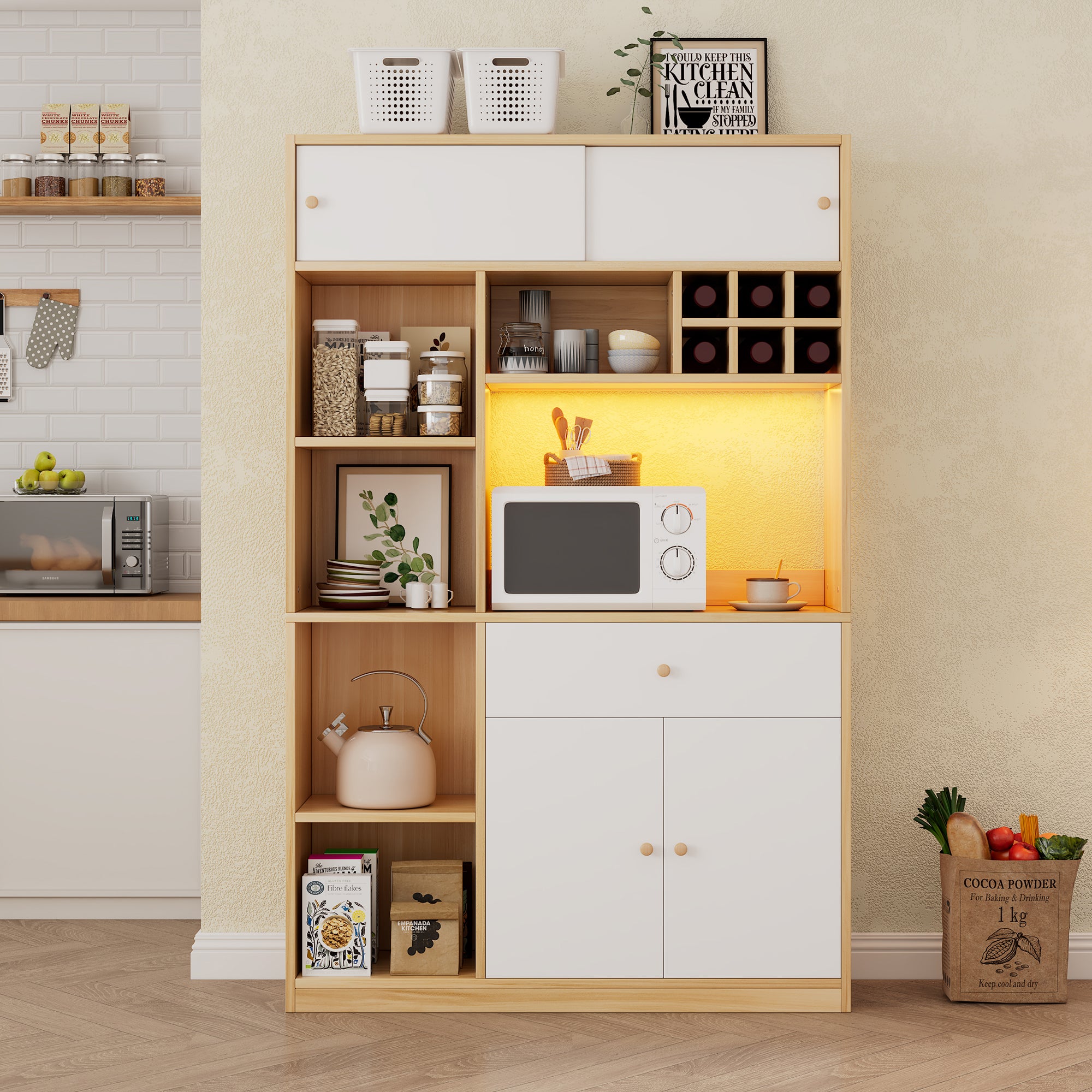 Kitchen Buffet Cabinet LED 1 Drawer 3 Doors Shelves 115x180cm