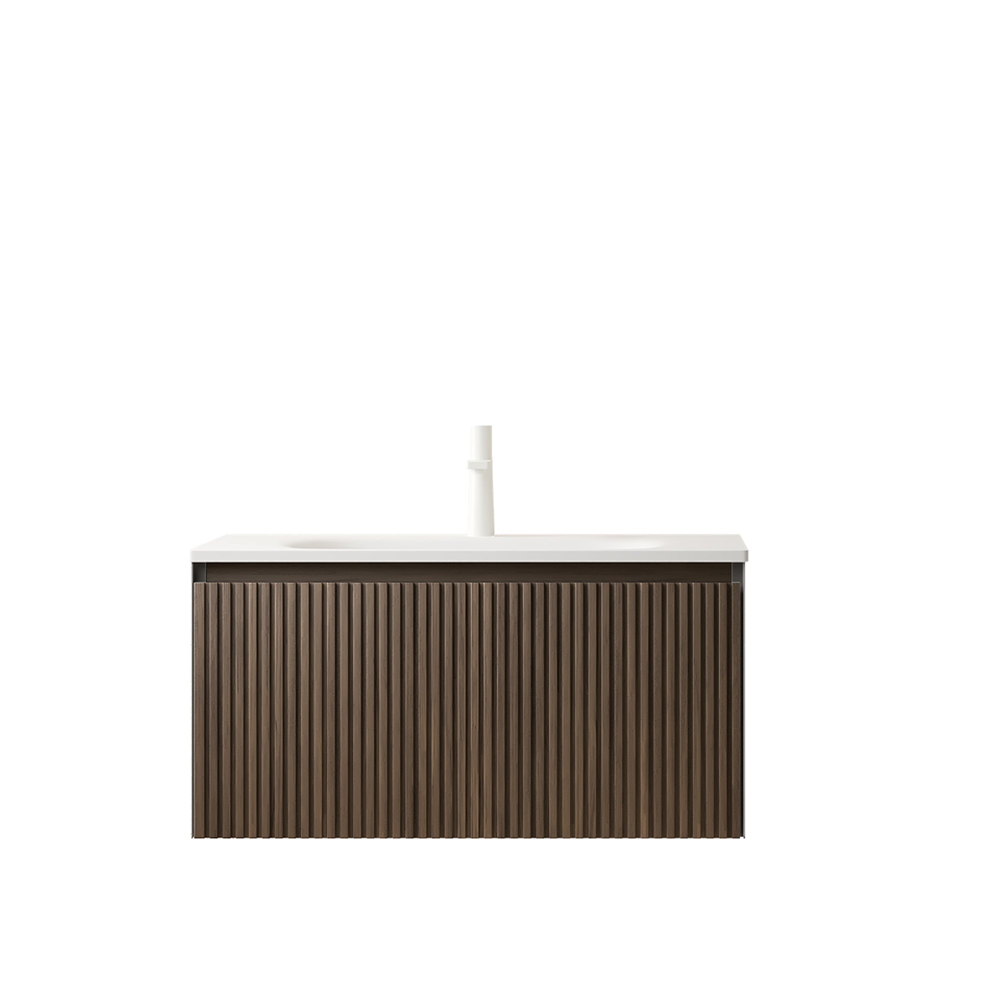 Bathroom Vanity Unit with Ceramic Sink and Drawer, 80cm Wall-Mounted Plywood, Brown Oak Finish