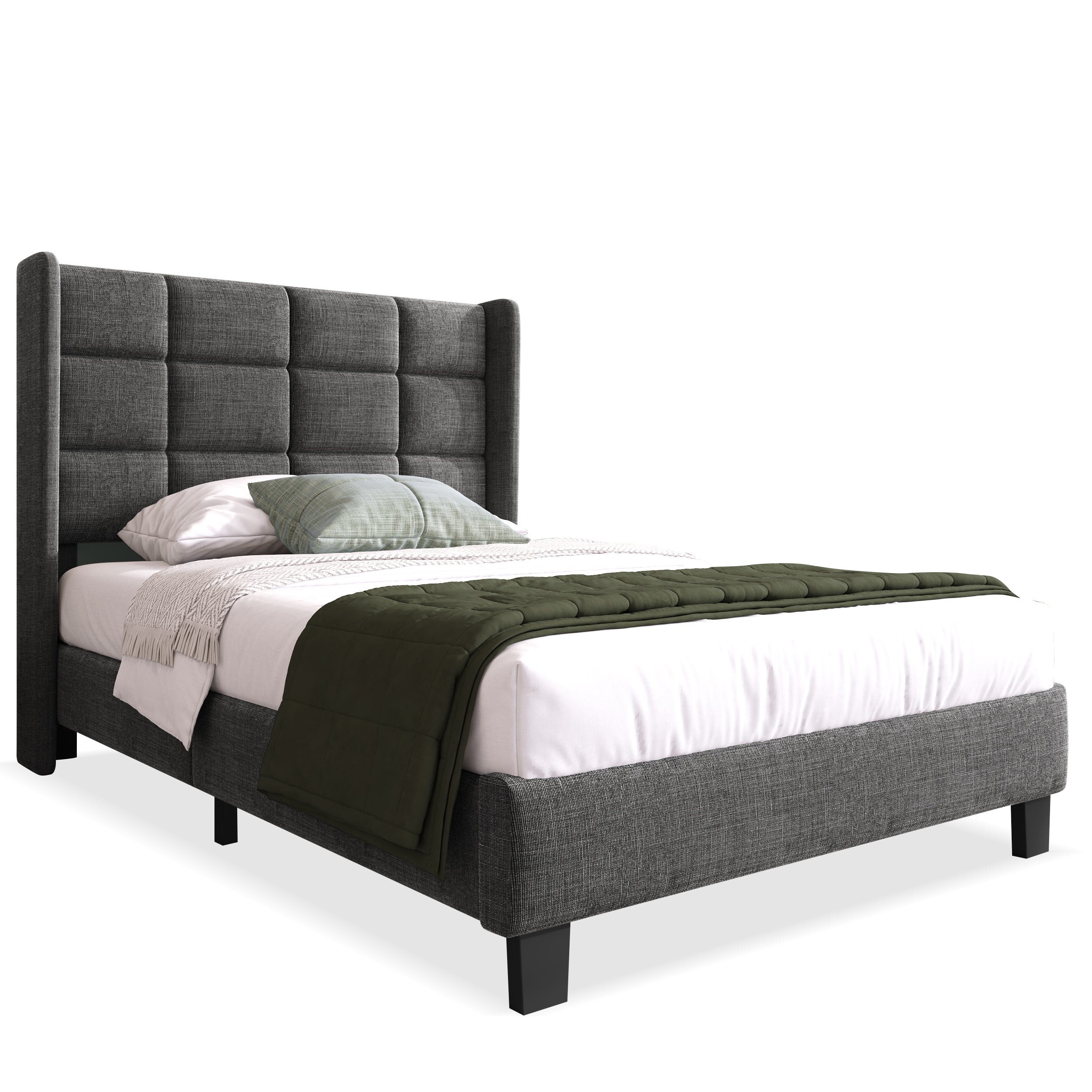 Modern Design Upholstered Bed, Single with Slatted Frame, 90x200cm, Grey Linen