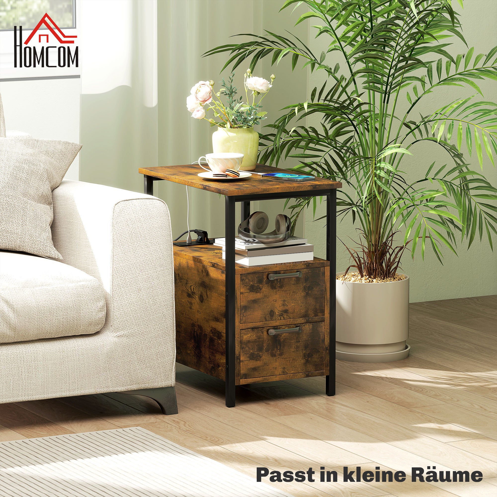 Side Table Coffee Table with Charging Station, 2 Drawers, Rustic Brown