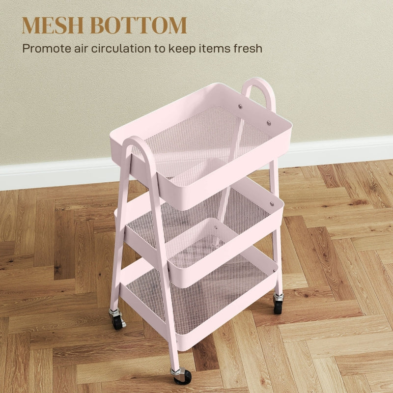 Three-Tier Storage Trolley, Metal Frame Mesh Shelves, Pink