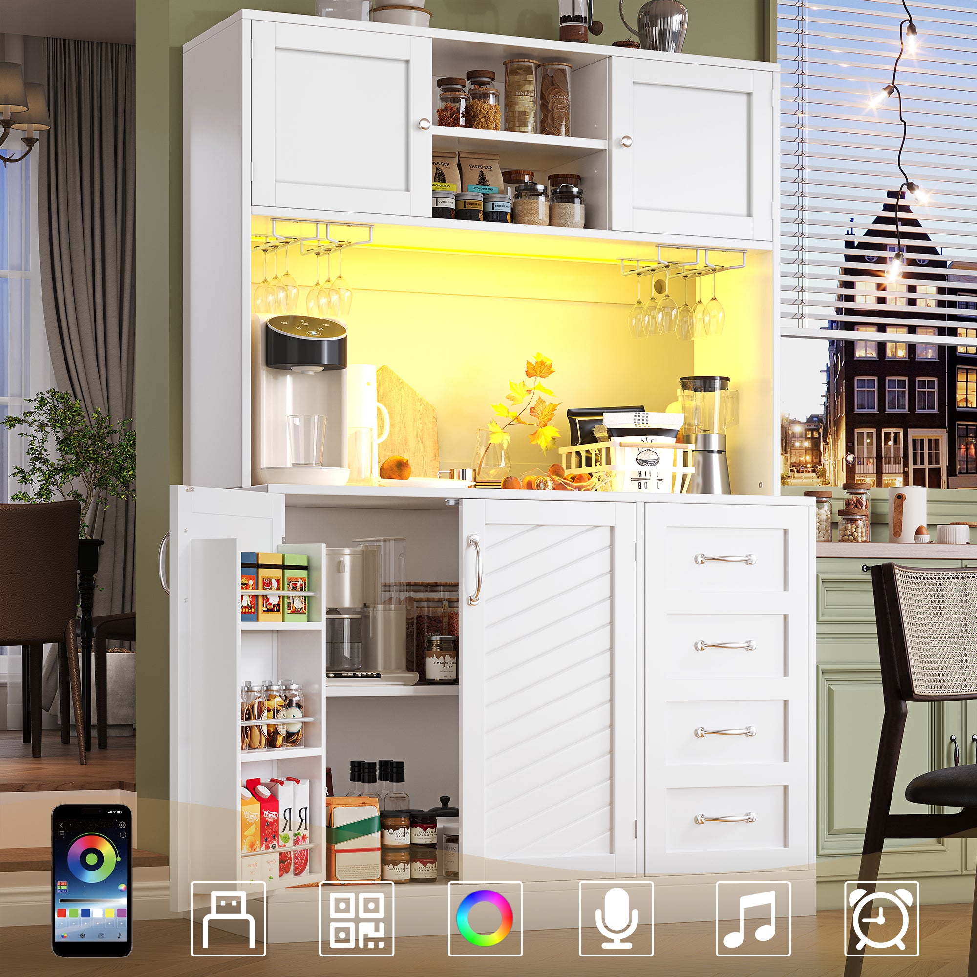 Buffet Sideboard with LED Lighting, Snack Shelf and Drink Holders, Green, Black and White