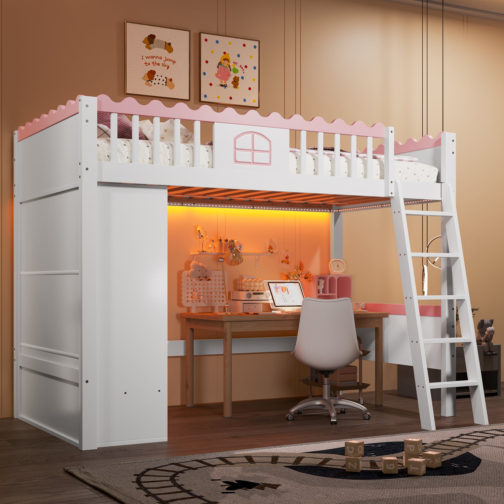 Bunk Bed Single Children's with LED Lights, Wardrobe, Storage Drawer, 90x200cm, Pine Wood White