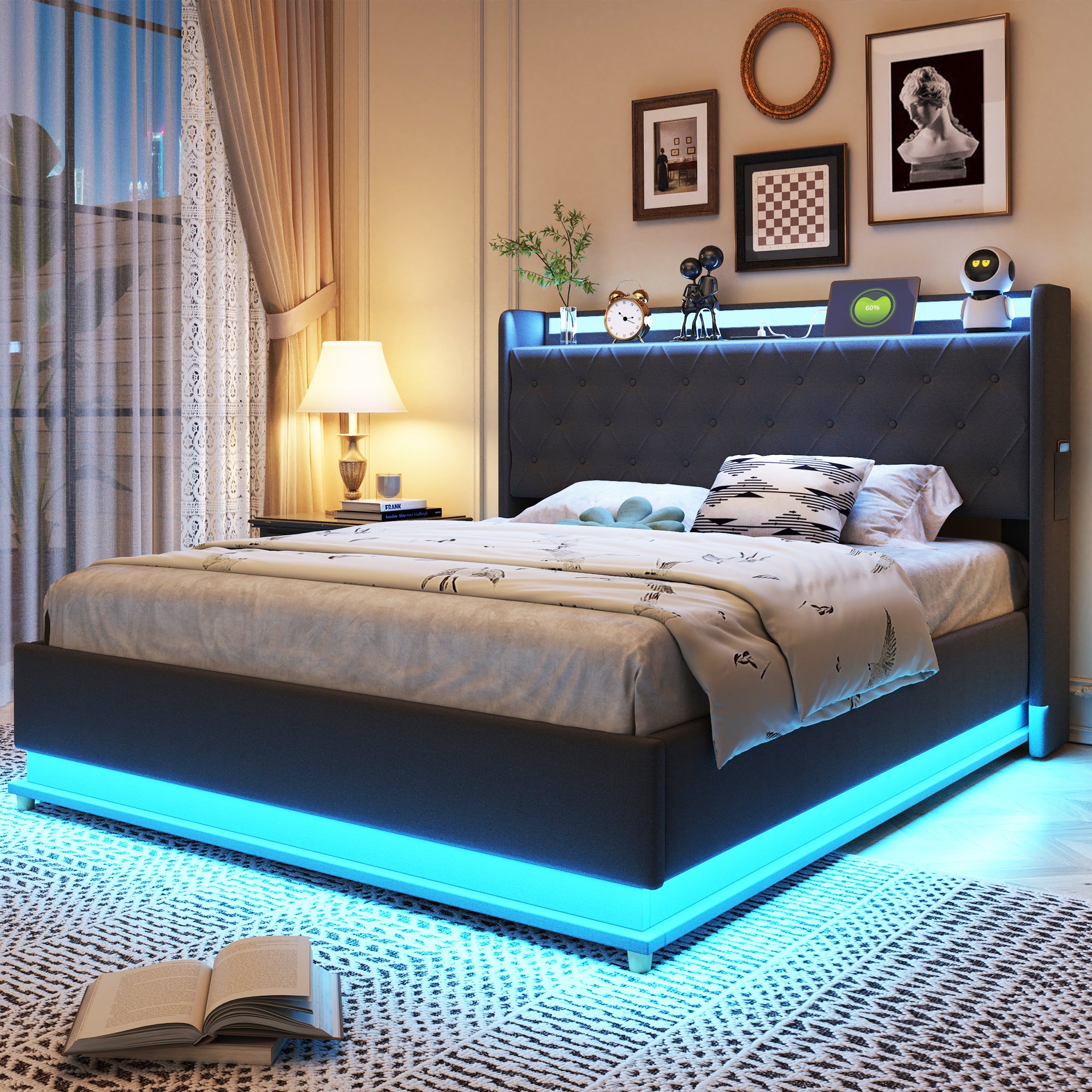 LED Upholstered Bed, USB Charging & Hydraulic Storage, Linen Fabric Gray