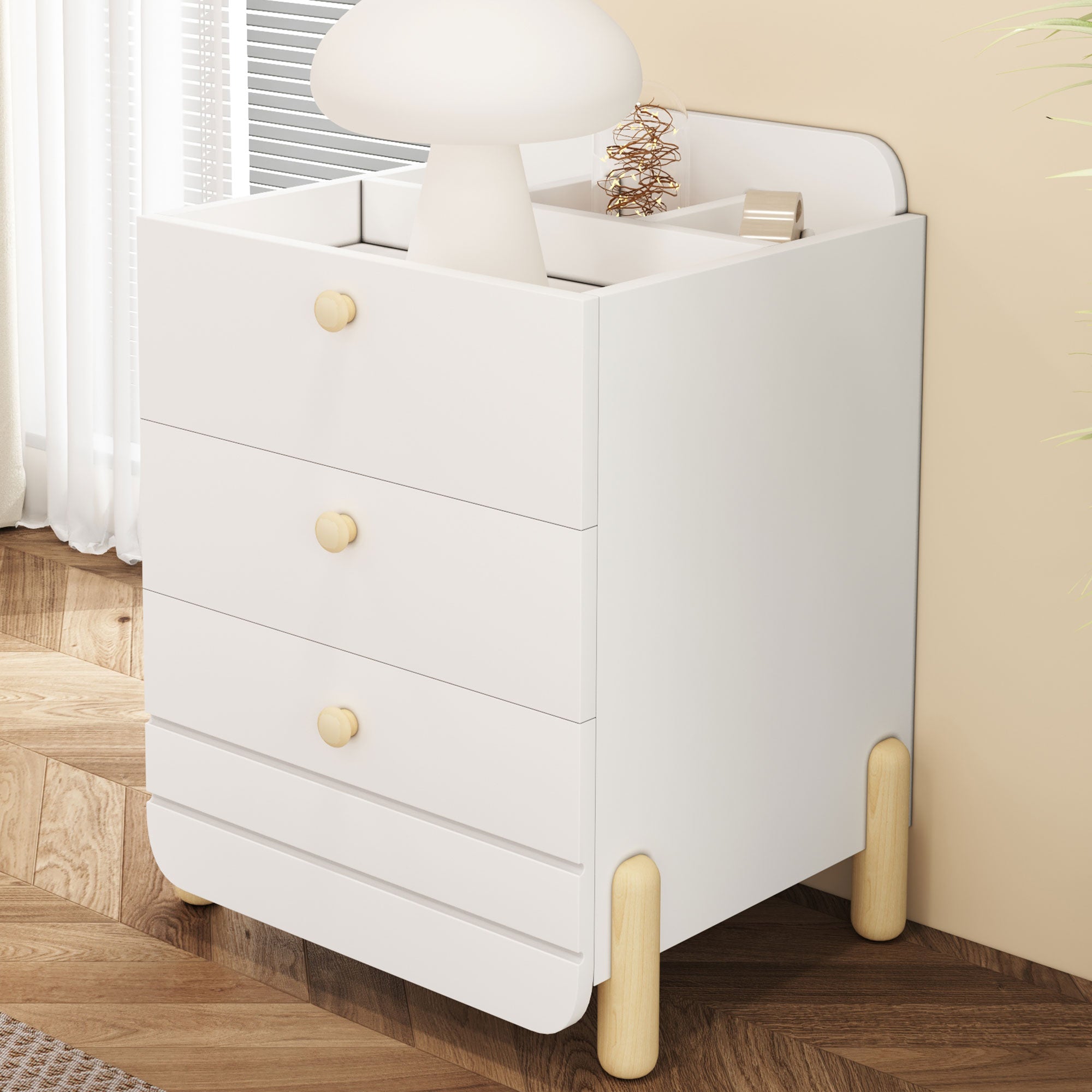 Bedside Table with 3 Drawers, Silent Design, Wood Feet, White