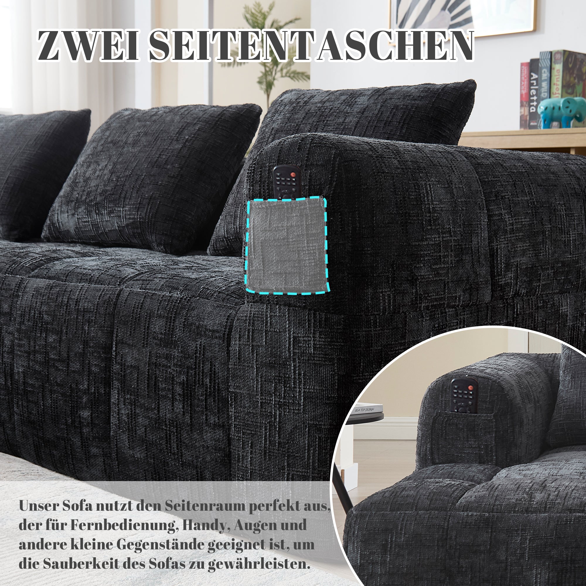 Modern Sectional Sofa L-Shaped 3-Seater Chaise Lounge, Chenille Black