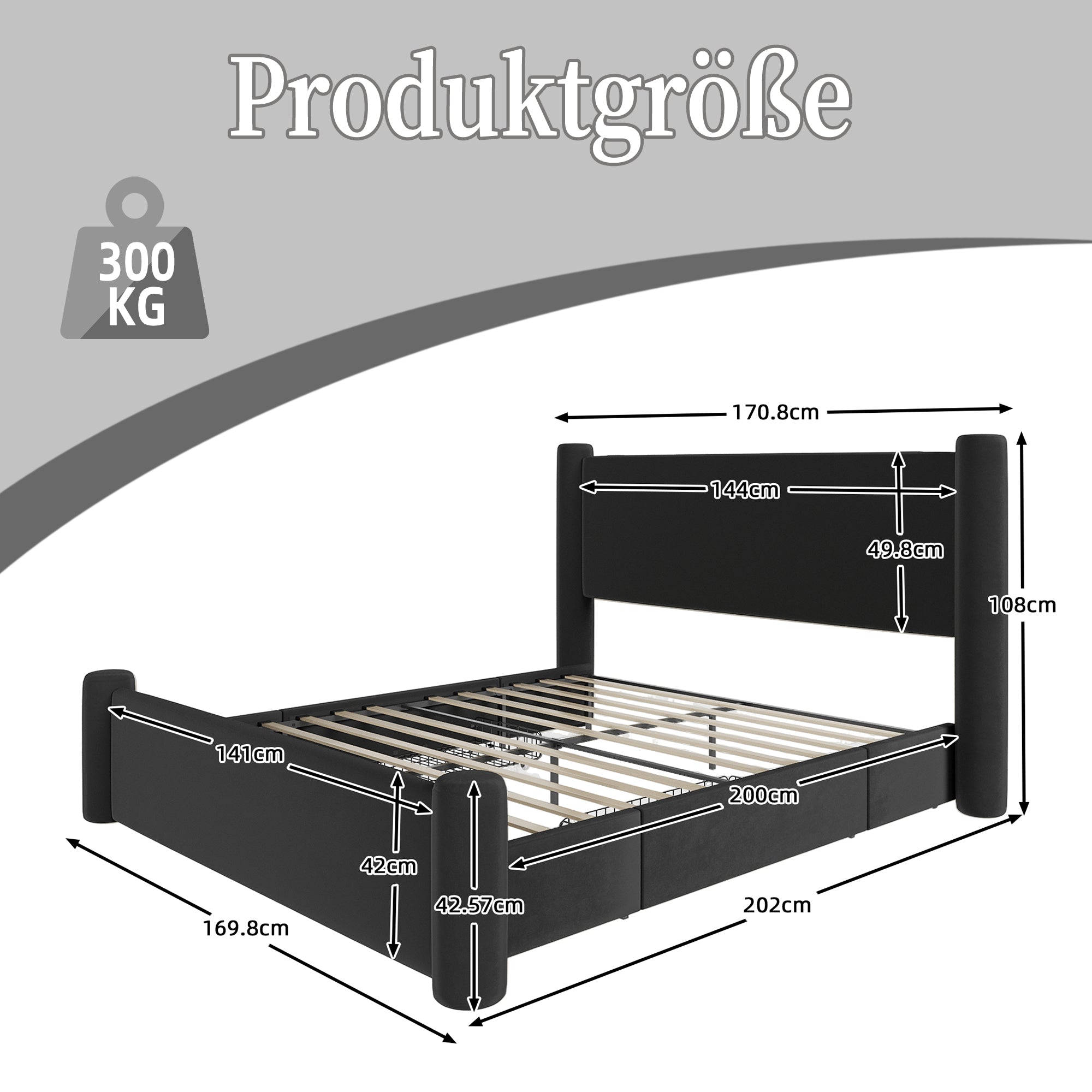 Bed Frame, 140x200cm Modern Design, Padded Headboard, 2 Storage Drawers, USB Ports, Black