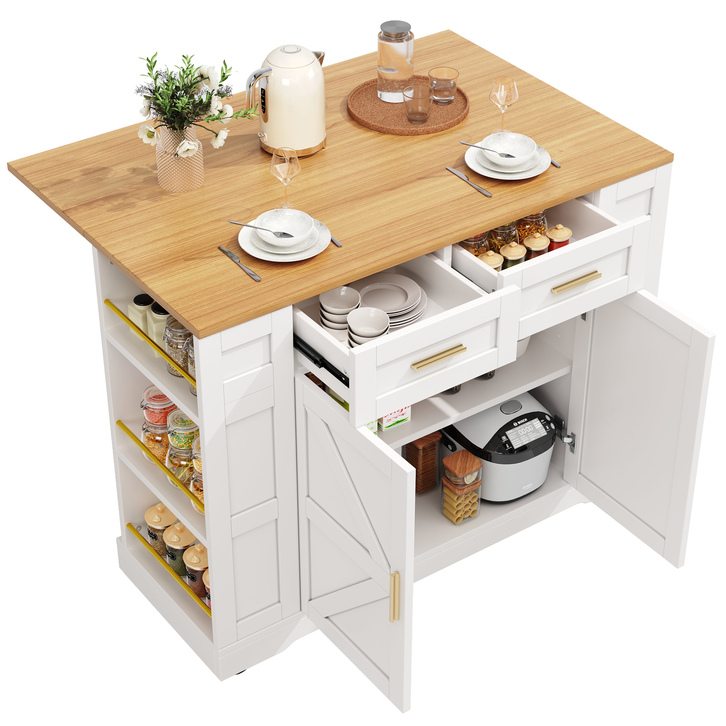 Kitchen Island Extendable Dining Table Storage Wood Grain - White