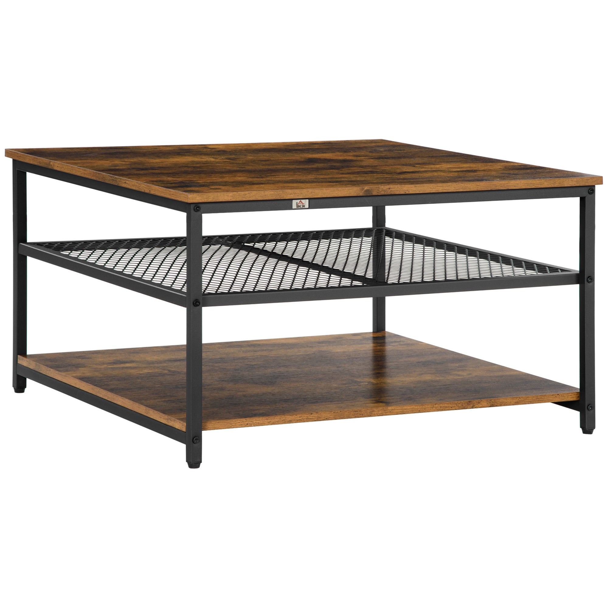Coffee Table 3-Tier Storage Shelves Square Rustic Brown