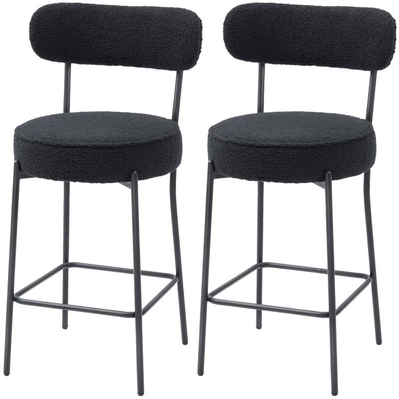 Set of 2 Bar Stools, Upholstered Seat and Footrest, Black Fleece/Metal