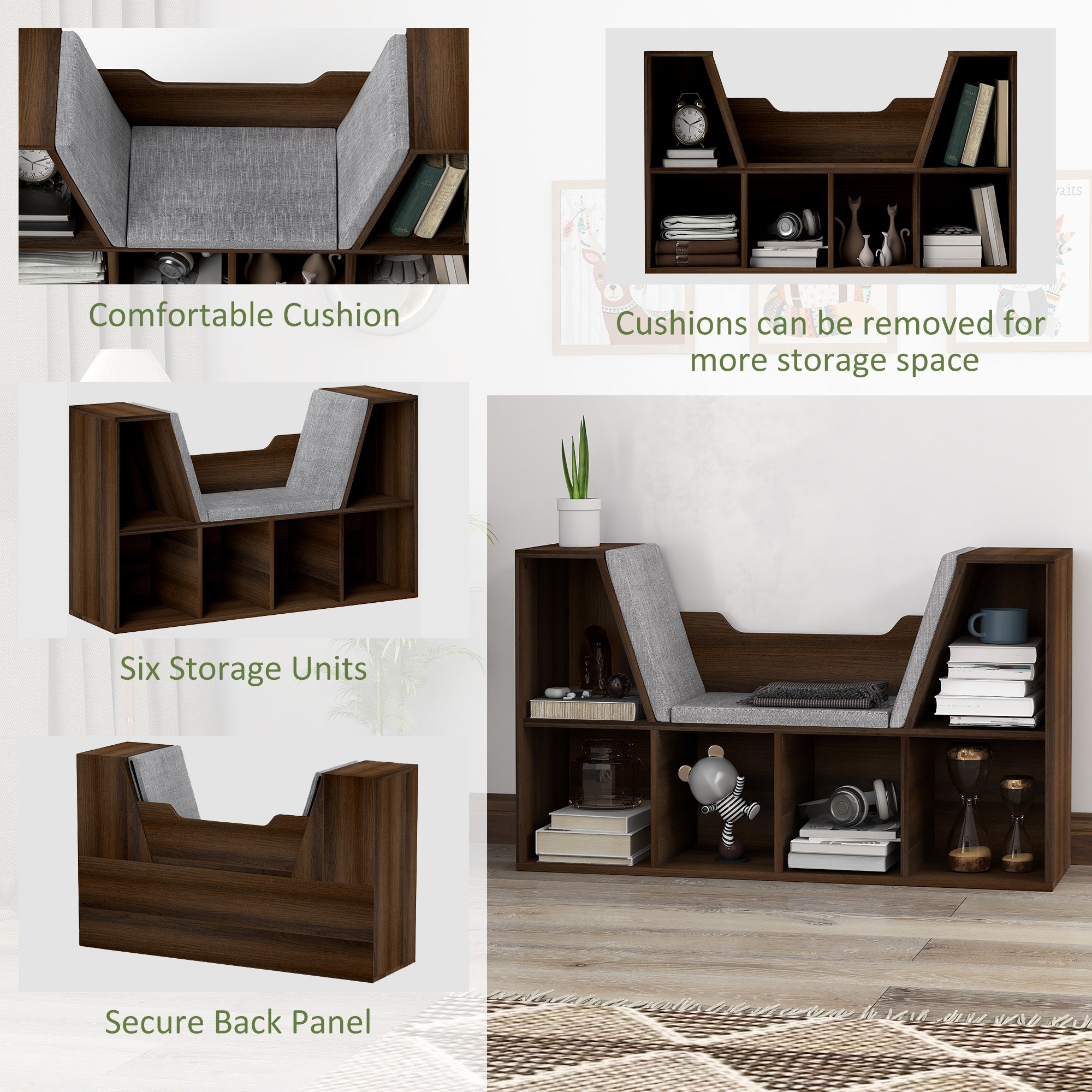 Bookcase Storage Shelf with Cushioned Reading Seat, Cube Organizer, Chestnut