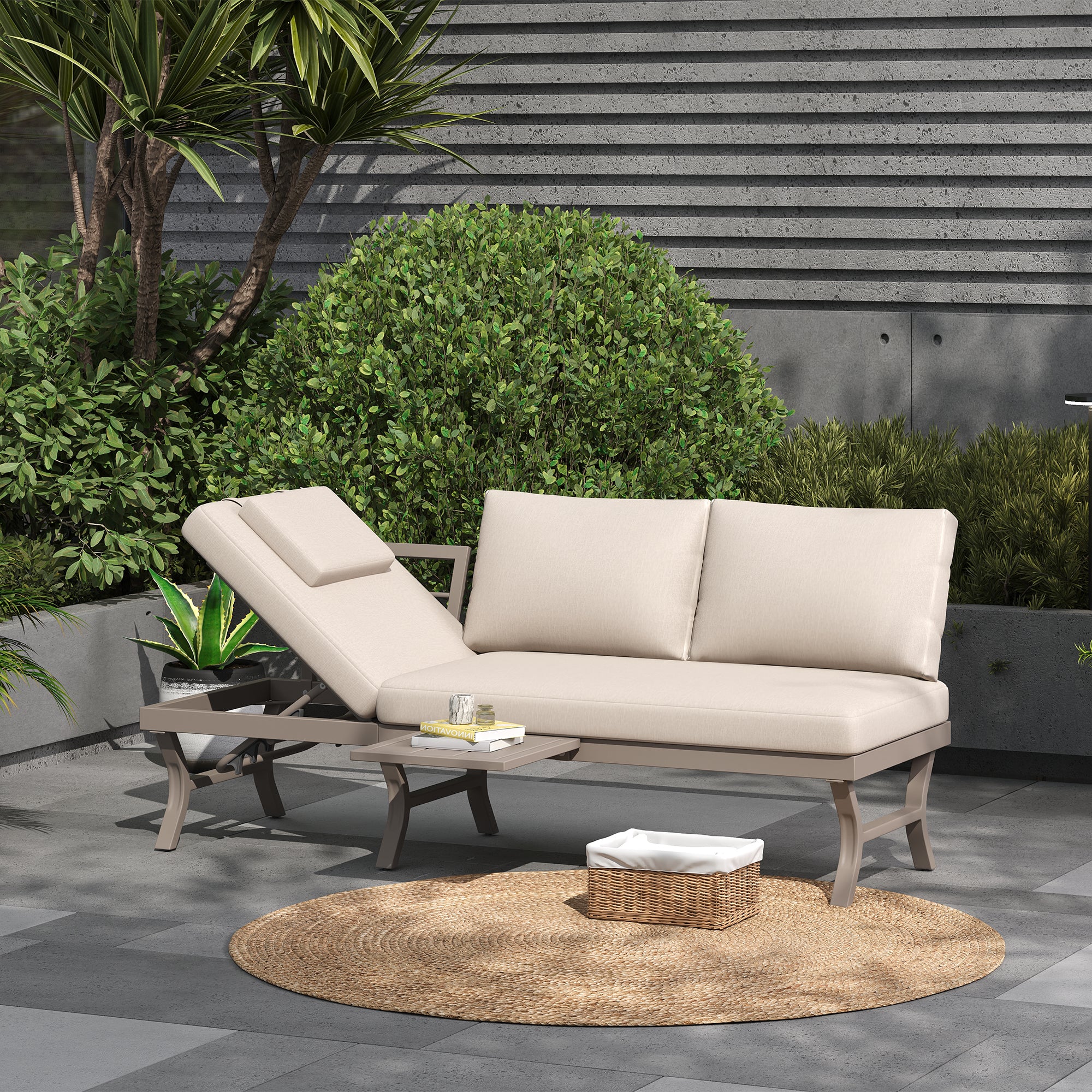3-Seater Outdoor Sofa Garden Furniture Set with Adjustable Reclining Function and Table, Galvanized Steel, Beige
