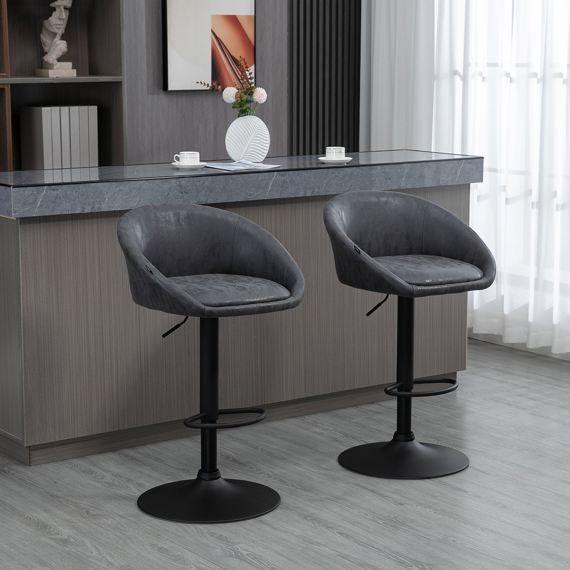Bar Stools Set of 2, Height-Adjustable with Armrests & Backrest, Faux Leather Grey