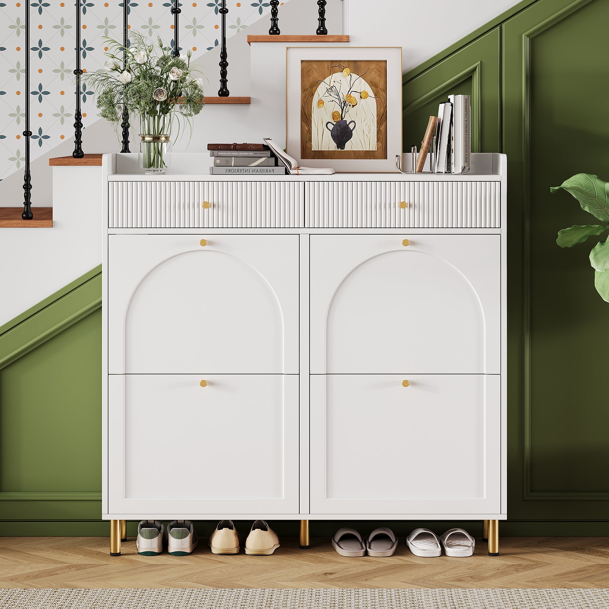 Shoe Cabinet Narrow 4 Hinged Doors 2 Drawers Metal Handles White