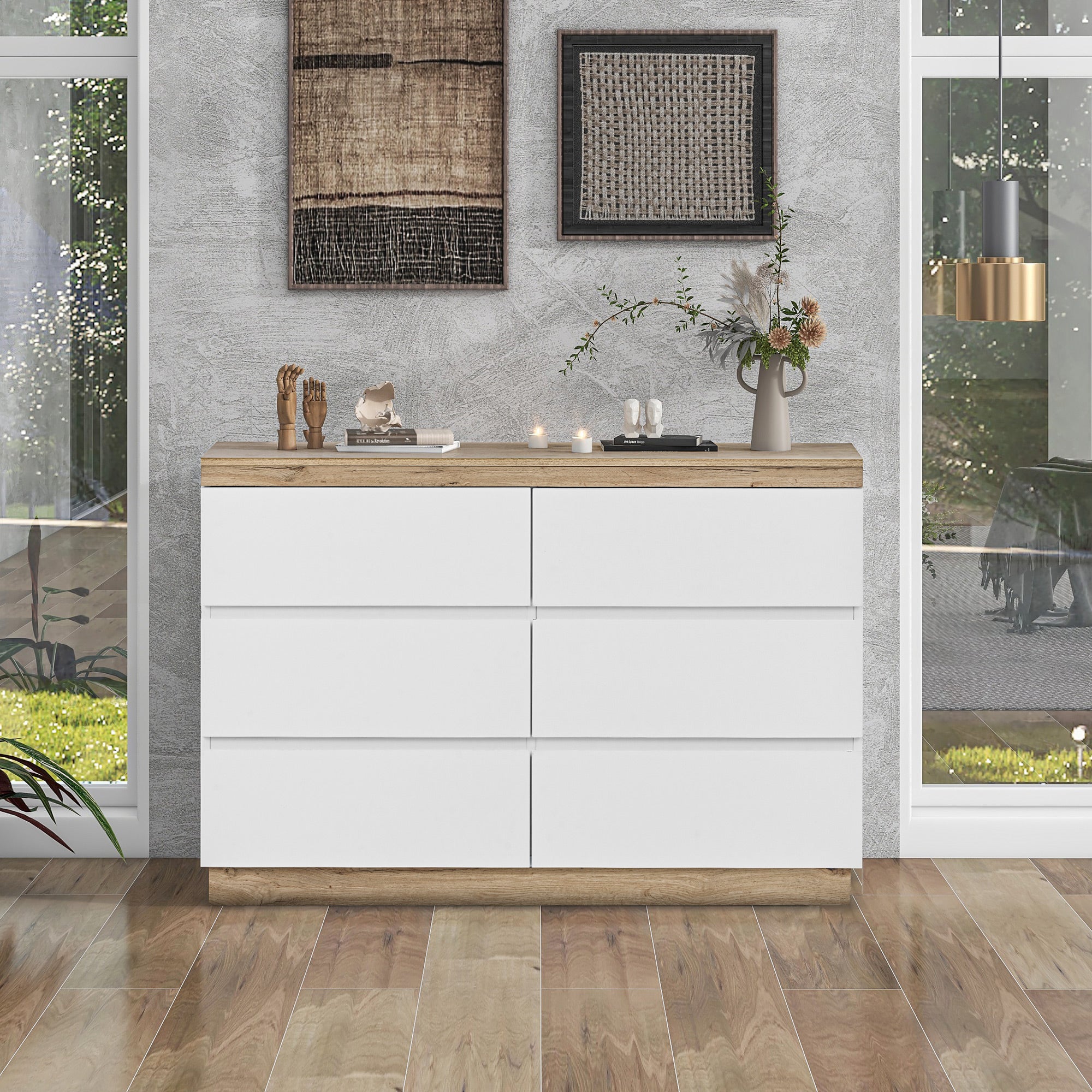 Chest of Drawers with 6 Drawers Lockable Storage for Bedroom & Living Room White/Oak E1 Chipboard