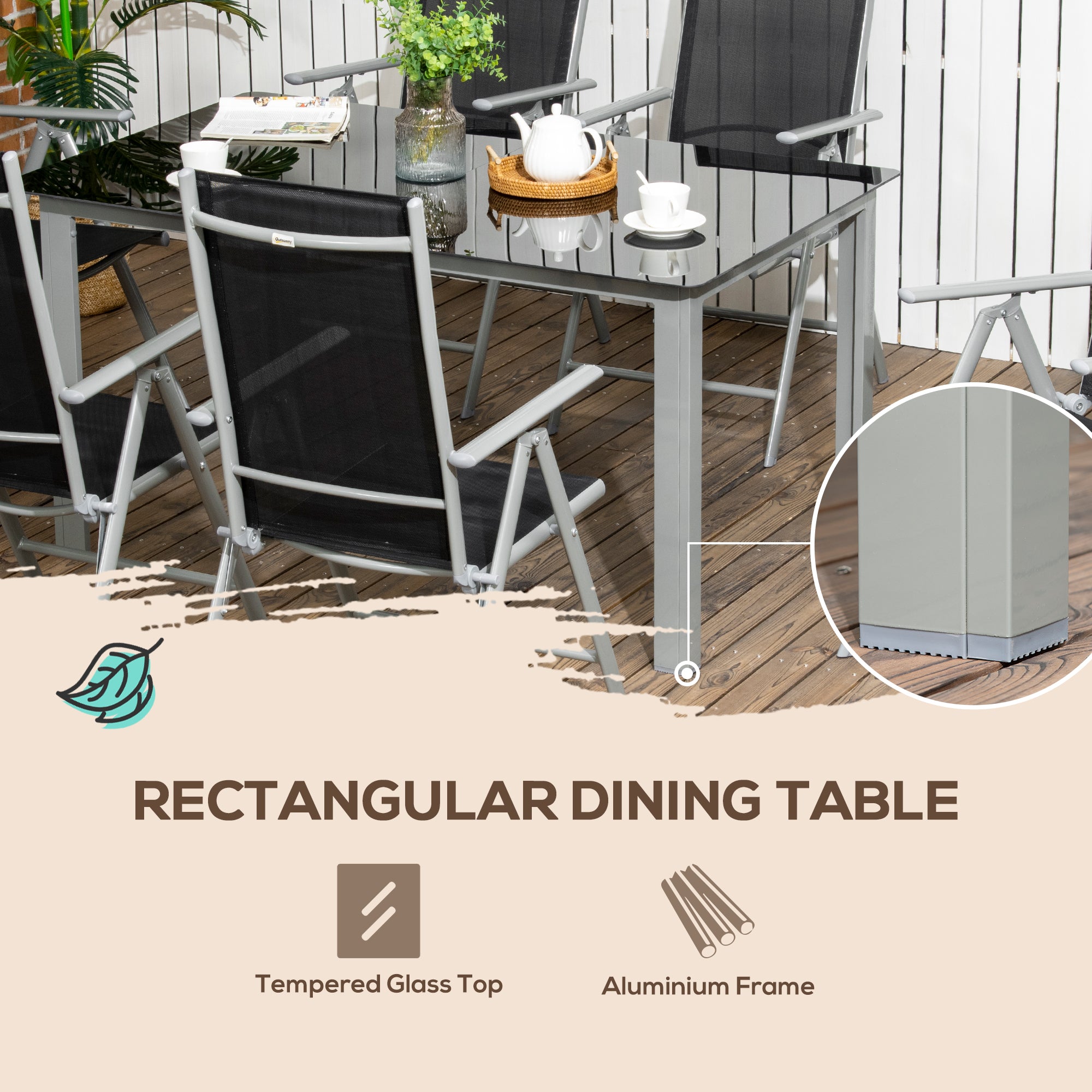 7 Piece Garden Dining Set, Folding and Reclining Chairs with Tempered Glass Table, Aluminium Frame, Black