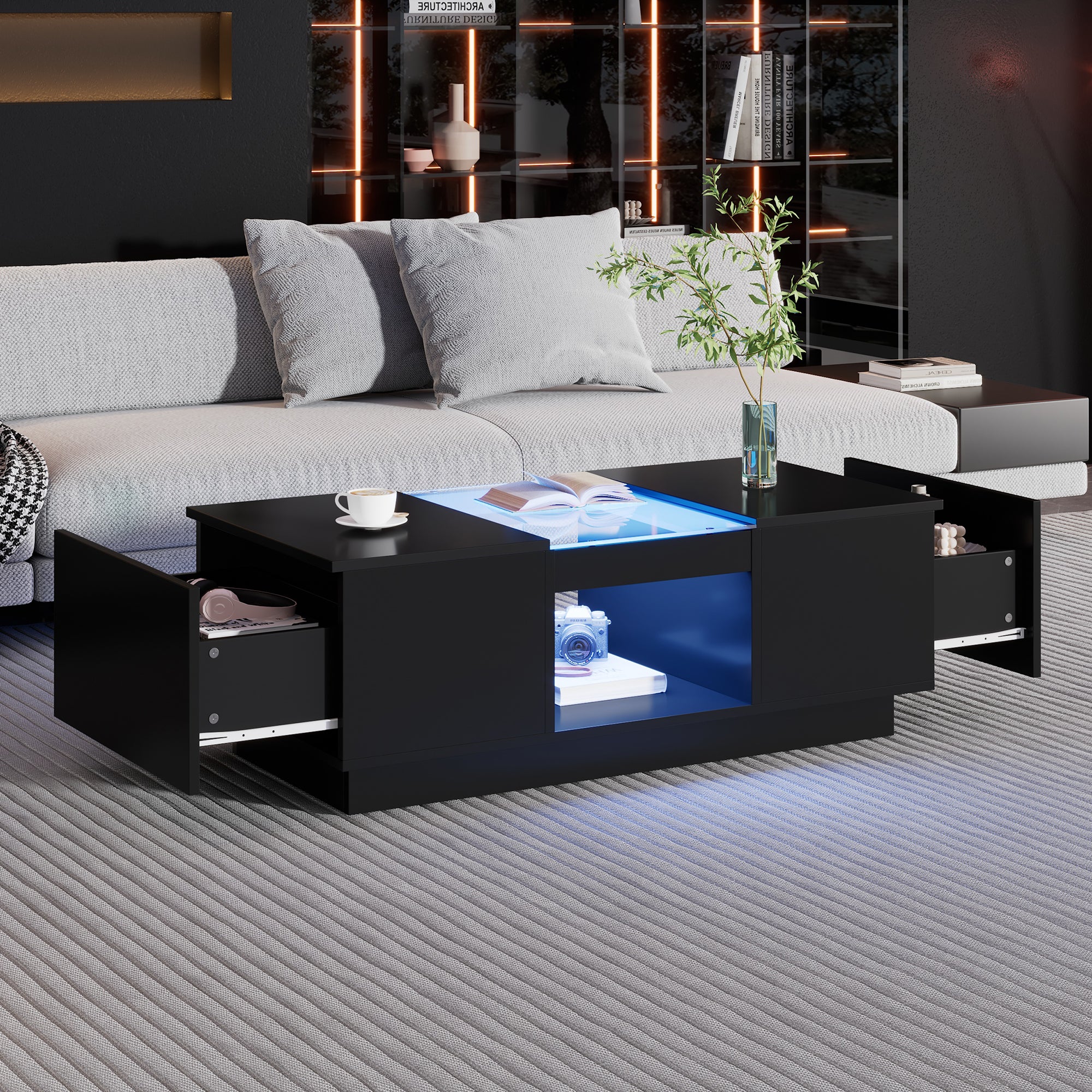 Black Coffee Table with Glass Panel, LED Lighting, App Control, 2 Drawers, 100x50x35.5 cm