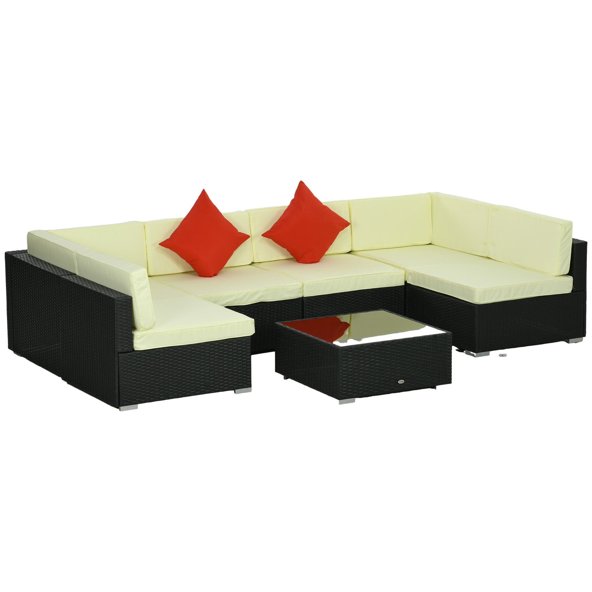 Seven-Piece Garden Set with Glass-Top Table, Rattan Black/Beige