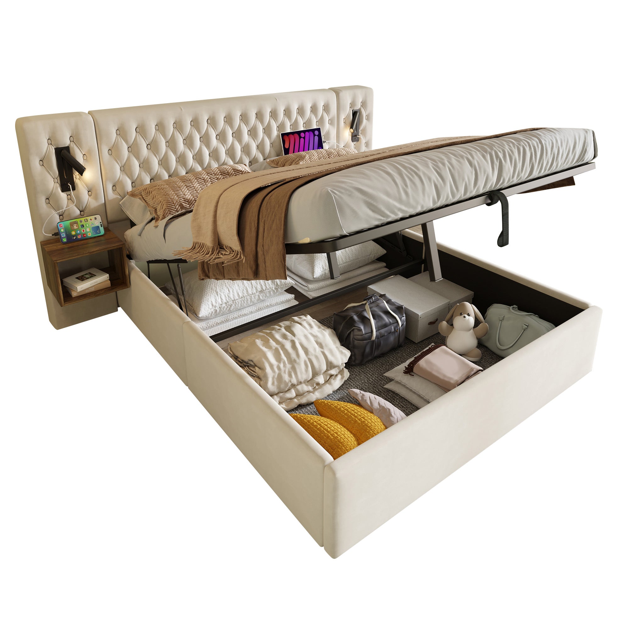 Bedroom Complete Set, Upholstered Hydraulic Storage Double Bed with 2 Bedside Tables & USB Reading Light, Beige Velvet