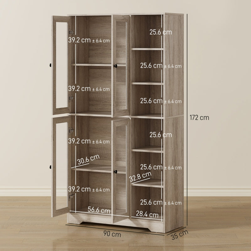 Multi-Storage Kitchen Cabinet with Glass Doors, Grey Wood-Effect