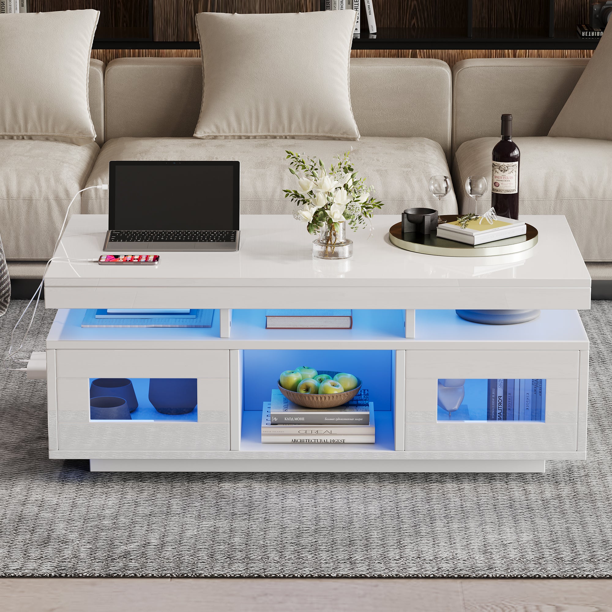 Coffee Table 100x50x43cm LED Lights Charging Port High-Gloss White