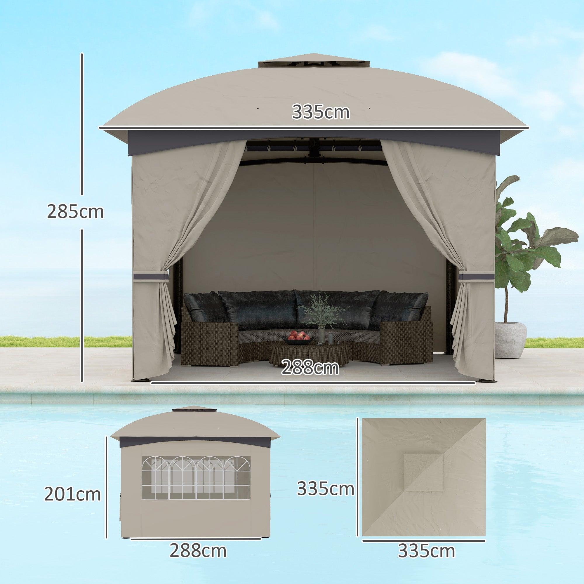Pavilion 3.4x3.4m Double Roof, 4 Side Panels, Water-Repellent, UV Protection Galvanized Metal Frame, Light Grey