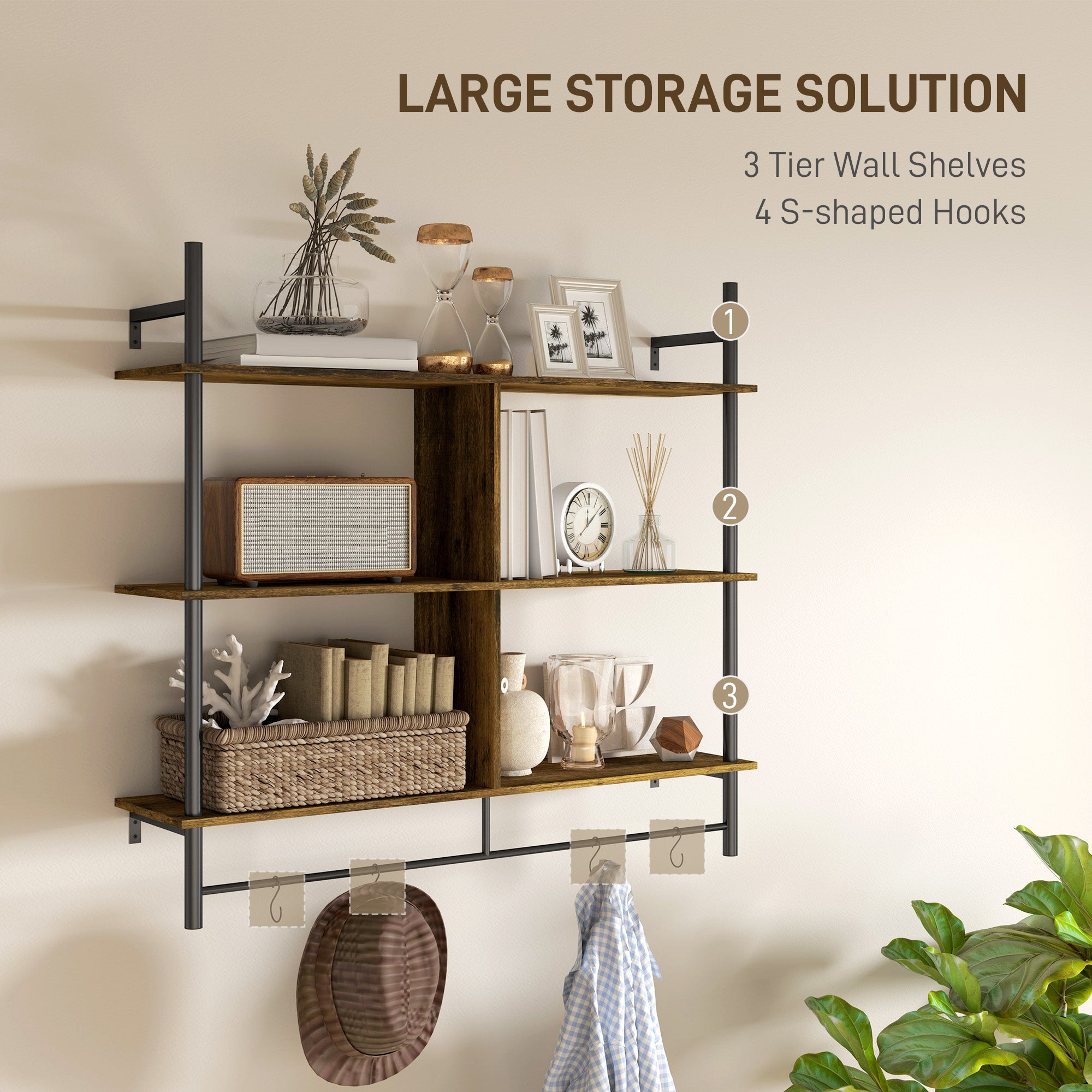 Three-Tier Floating Shelf Wall Display Brown/Black