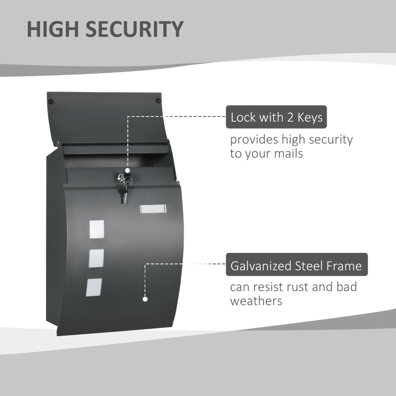 Wall Mounted Letter Box, Weatherproof Post Box with 2 Keys, Anthracite Grey
