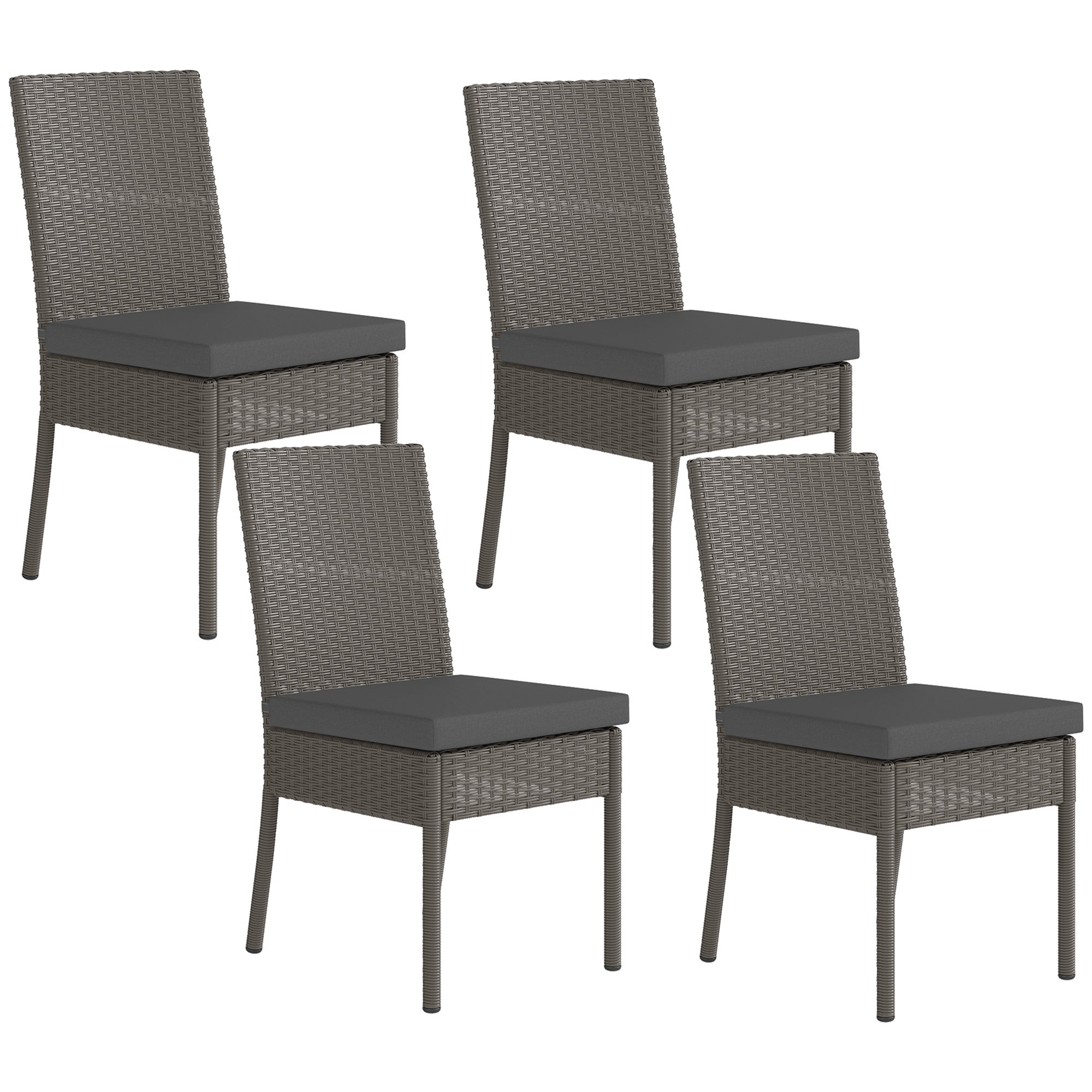 Set of Four Armless Garden Chairs, Rattan Wicker, Dark Grey