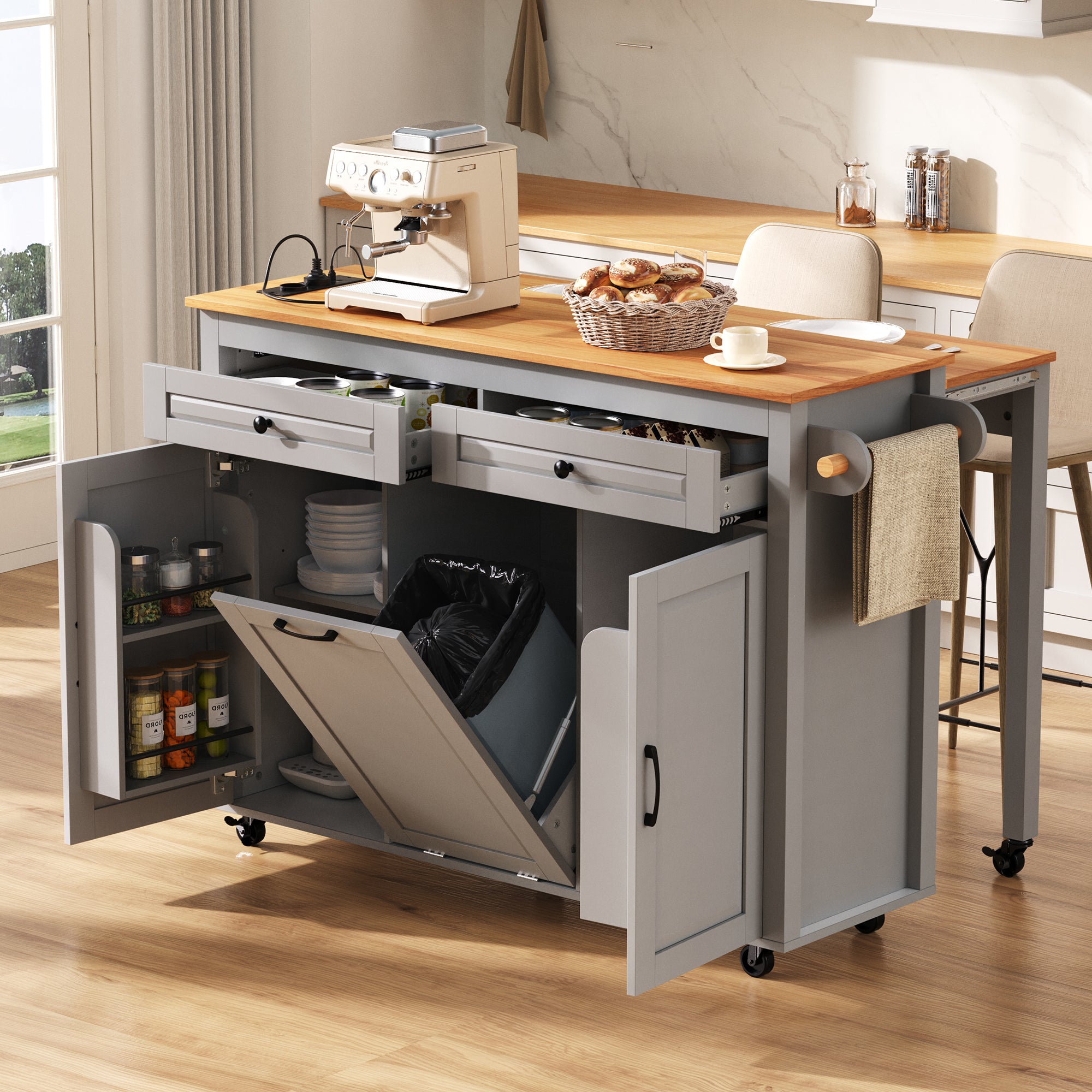 Kitchen Island on Wheels Extendable Worktop Waste Bin Power Strips - Grey