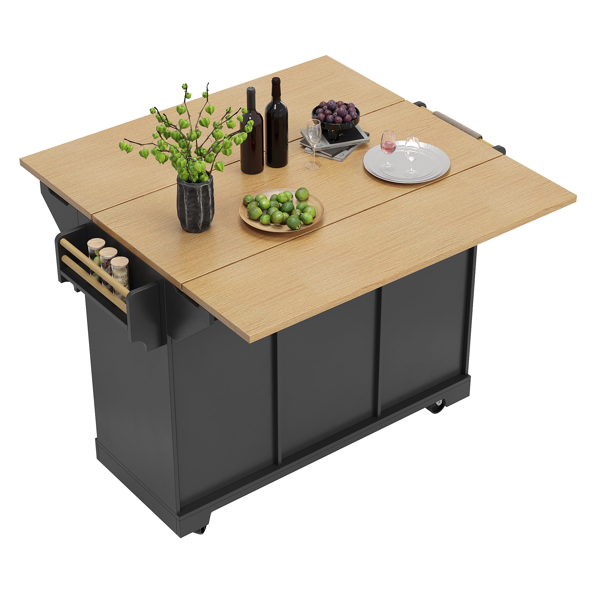 Kitchen Island Sideboard 120cm Extendable Trolley Towel Rail Spice Rack 2 Doors 3 Drawers Black/White