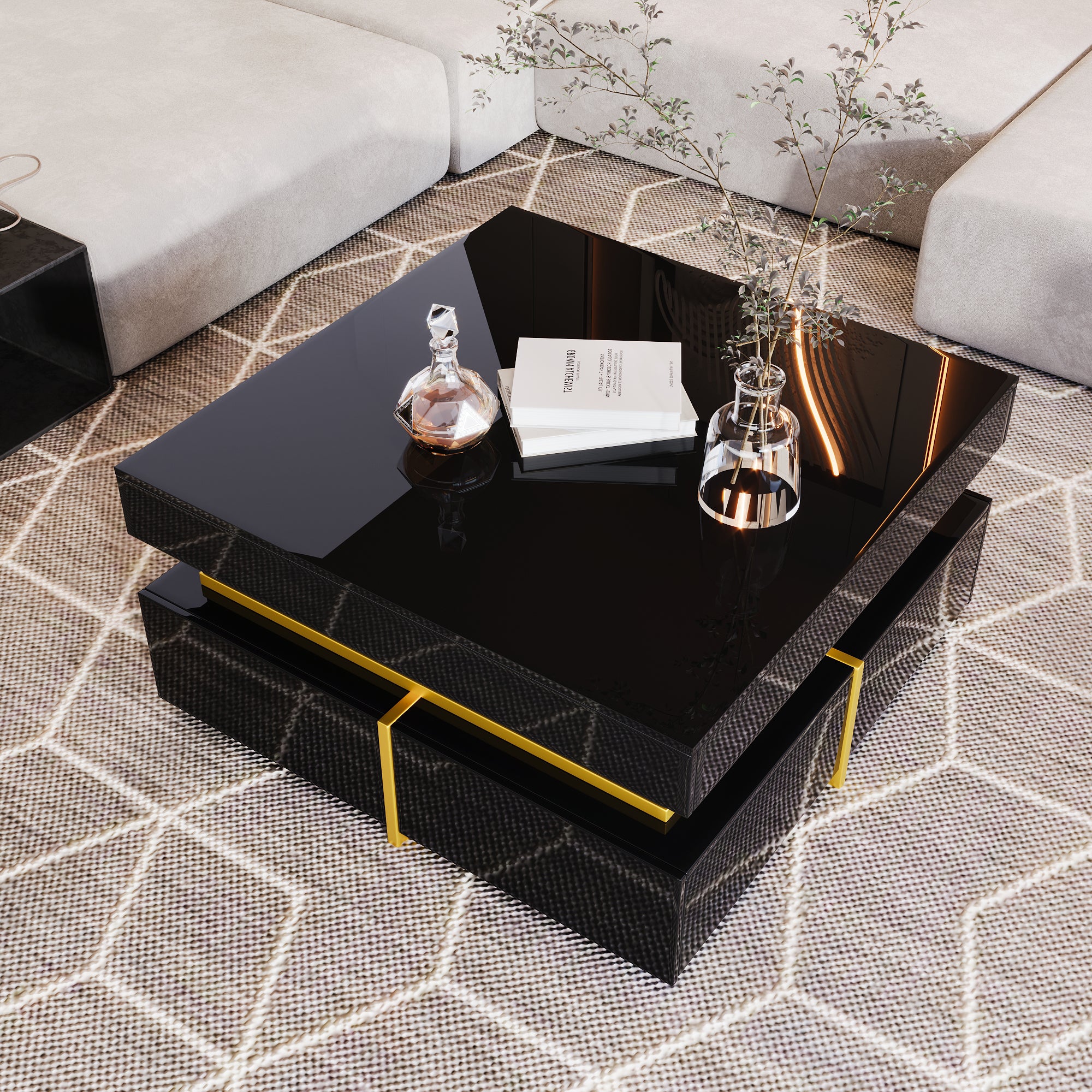 Coffee Table, High-Gloss, with Drawers, Gold Accents